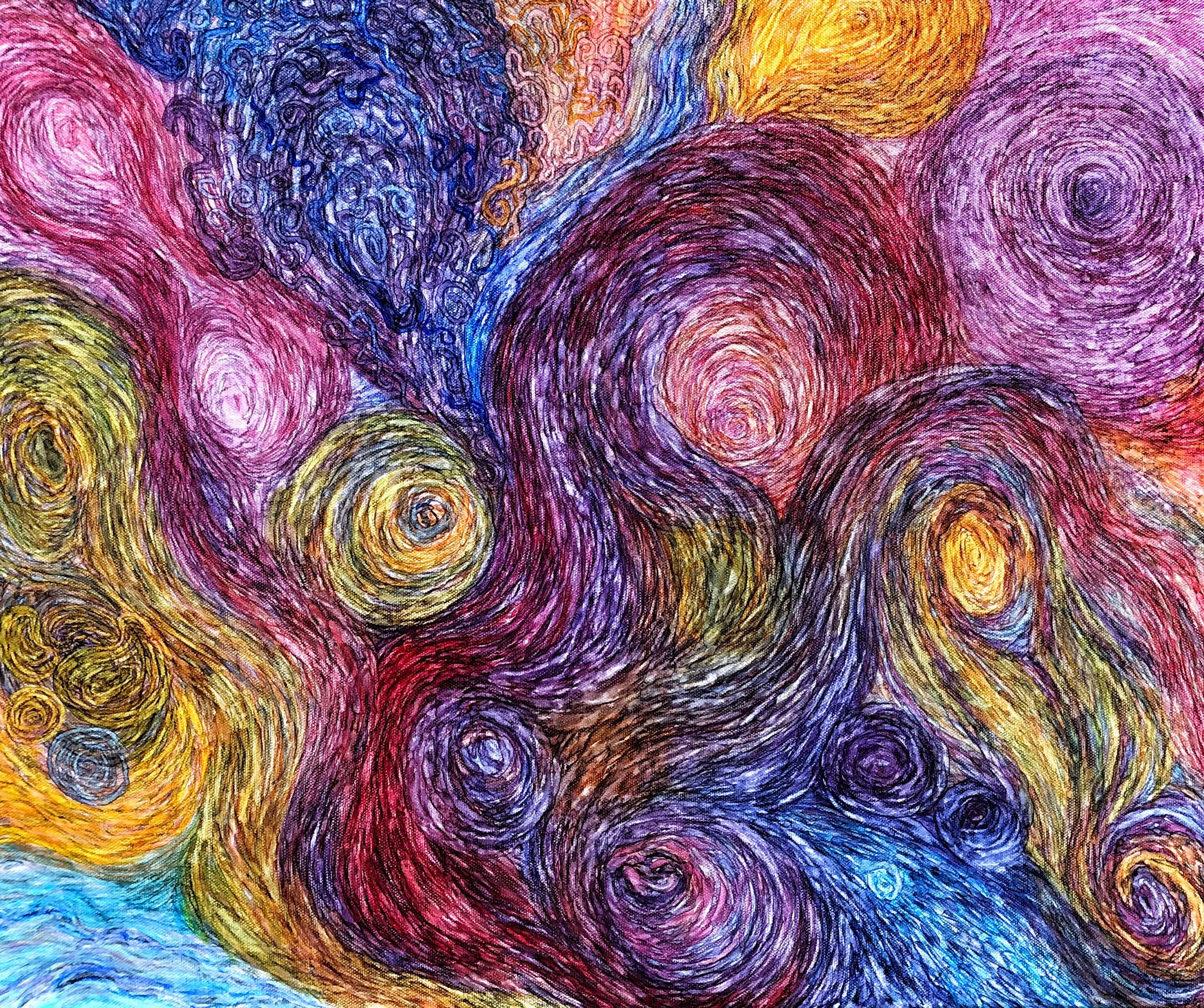 Storms on Jupiter, August 2018. Paint pens on stretched canvas. 22x24 inches with finished sides.