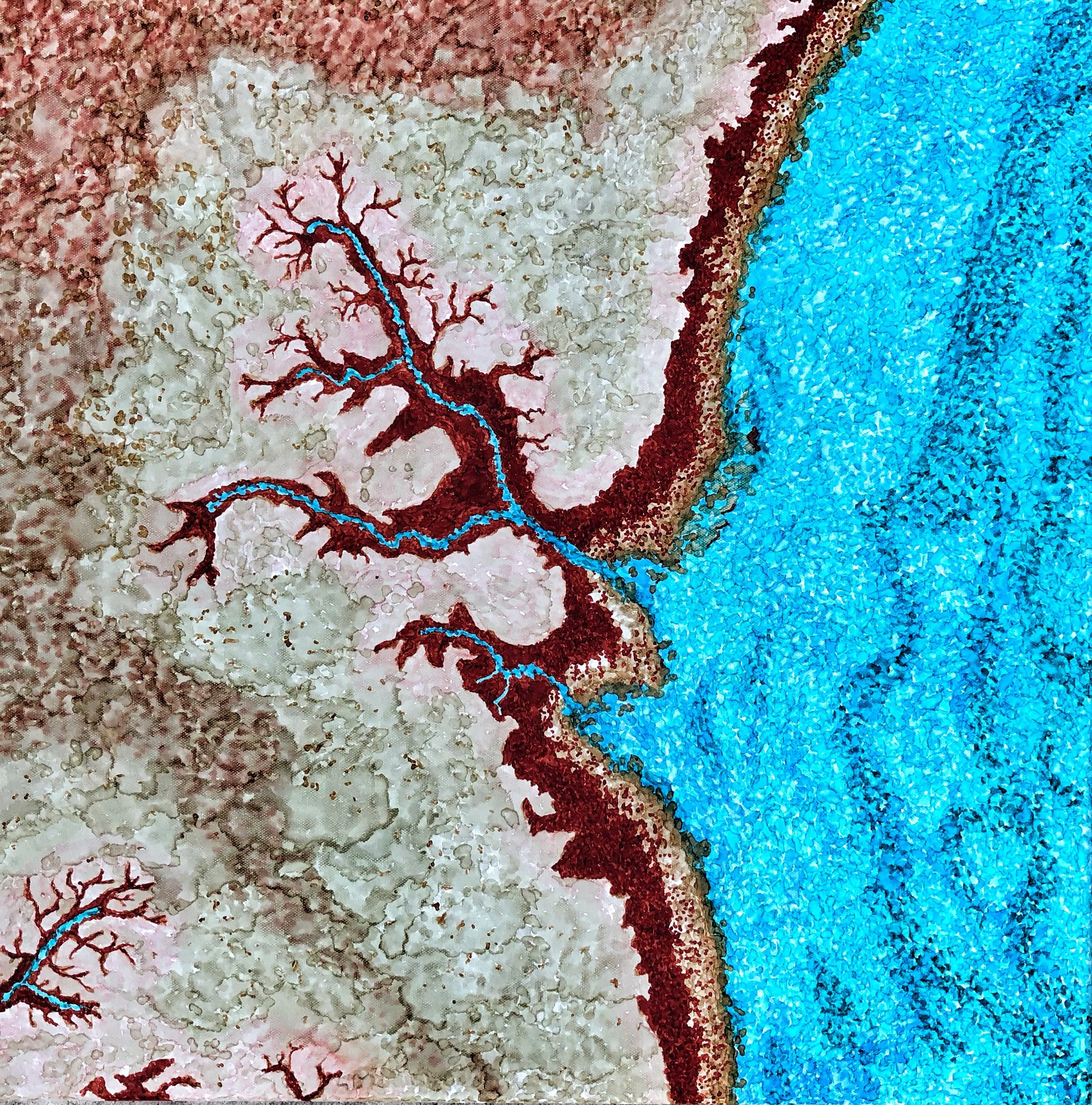 Desert and Water, October 2018. Paint pens on stretched canvas. 24x24 inches. Unframed with finished sides.