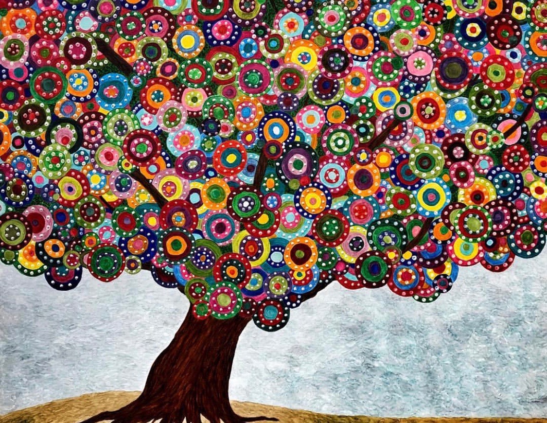 Tree of Love, October 2018. Paint pens on stretched canvas. 24x30 inches. Unframed with finished sides.