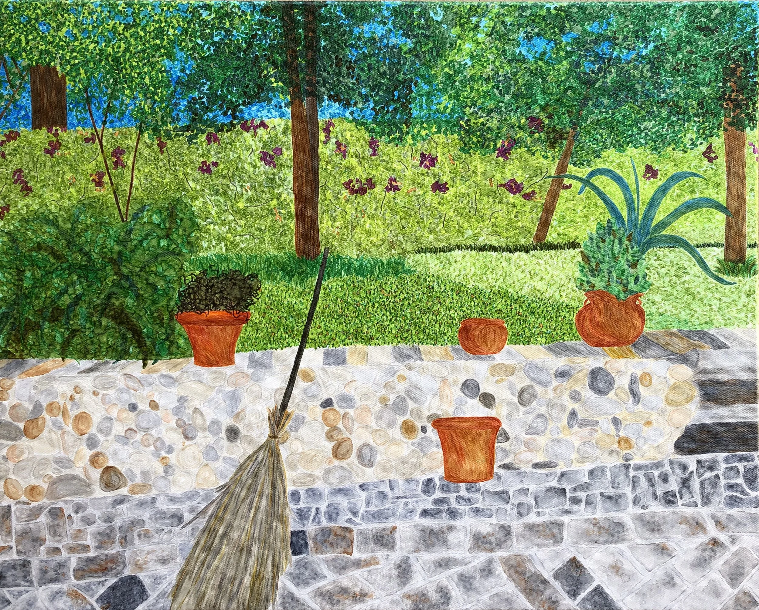 Mexican Back Garden, March 2019. Paint pens on stretched canvas. 24x30 inches. Unframed with finished sides.