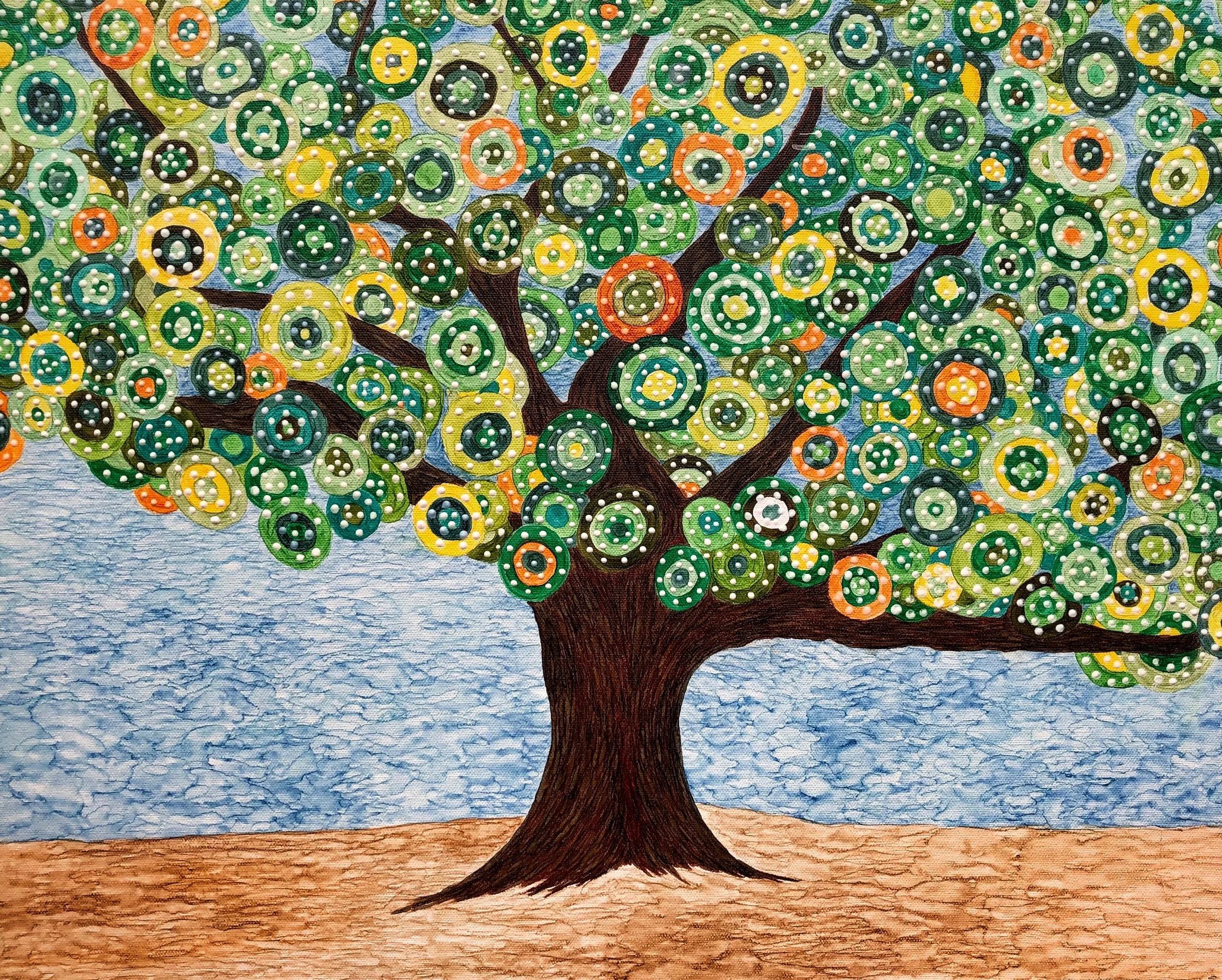 LemonyLime Tree, April 2019. Paint pens on stretched canvas. 24x24 inches. Unframed with finished sides.