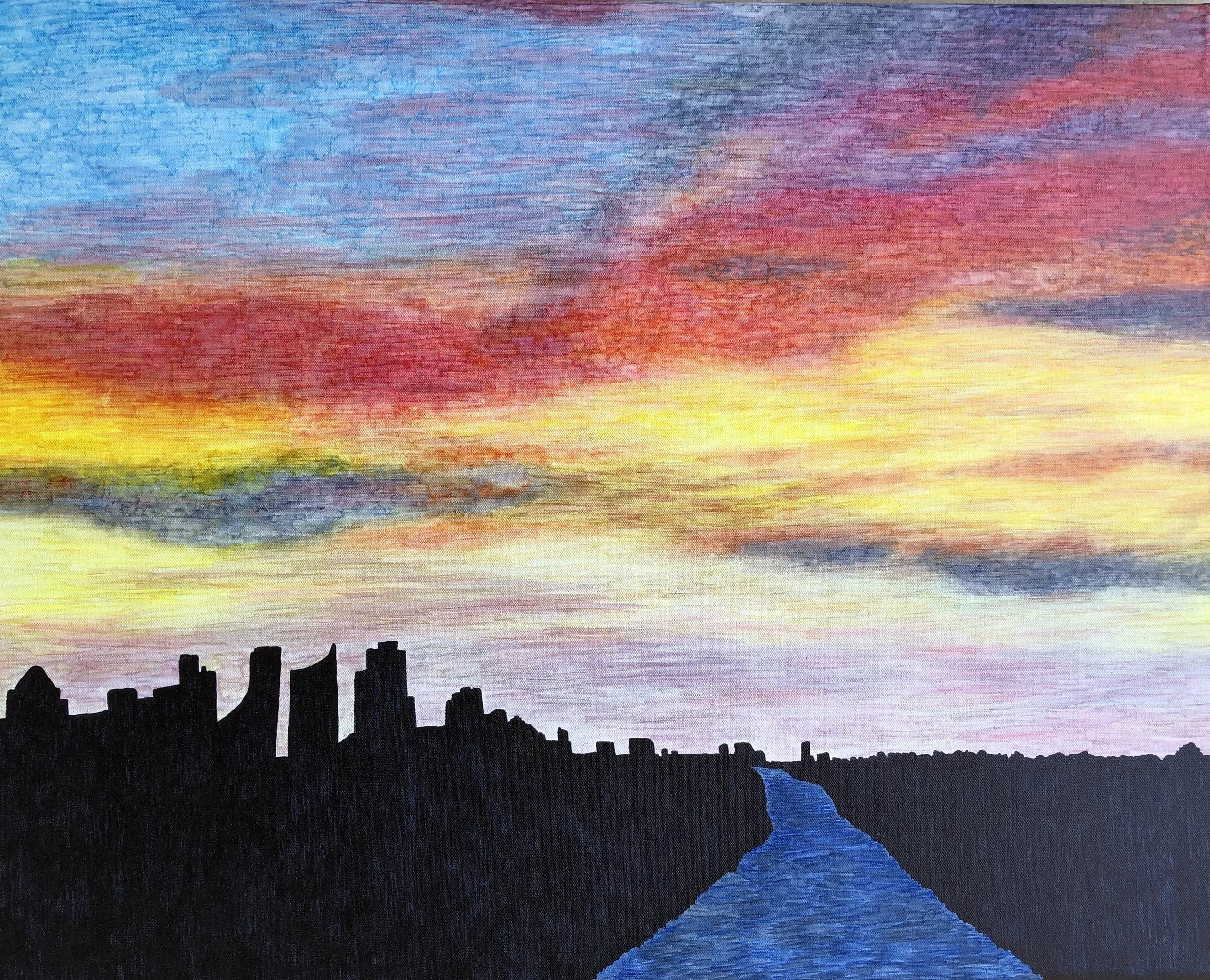 Colorful Sunrise, July 2019. Paint pens on stretched canvas. 30x24 inches. Unframed with finished sides.