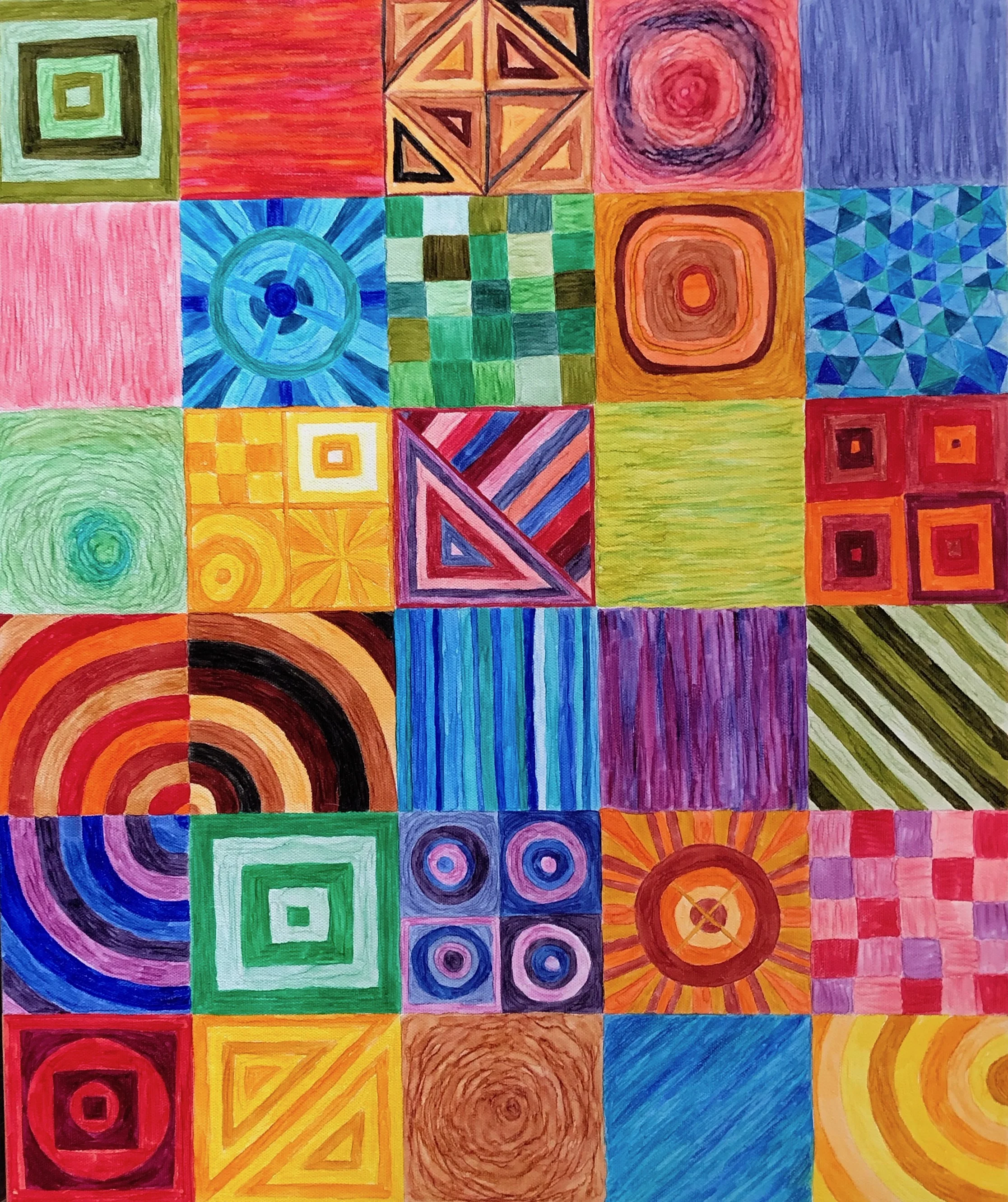 Lots of Squares, June 2019. Paint pens on stretched canvas. 20x24 inches. Unframed with finished sides.
