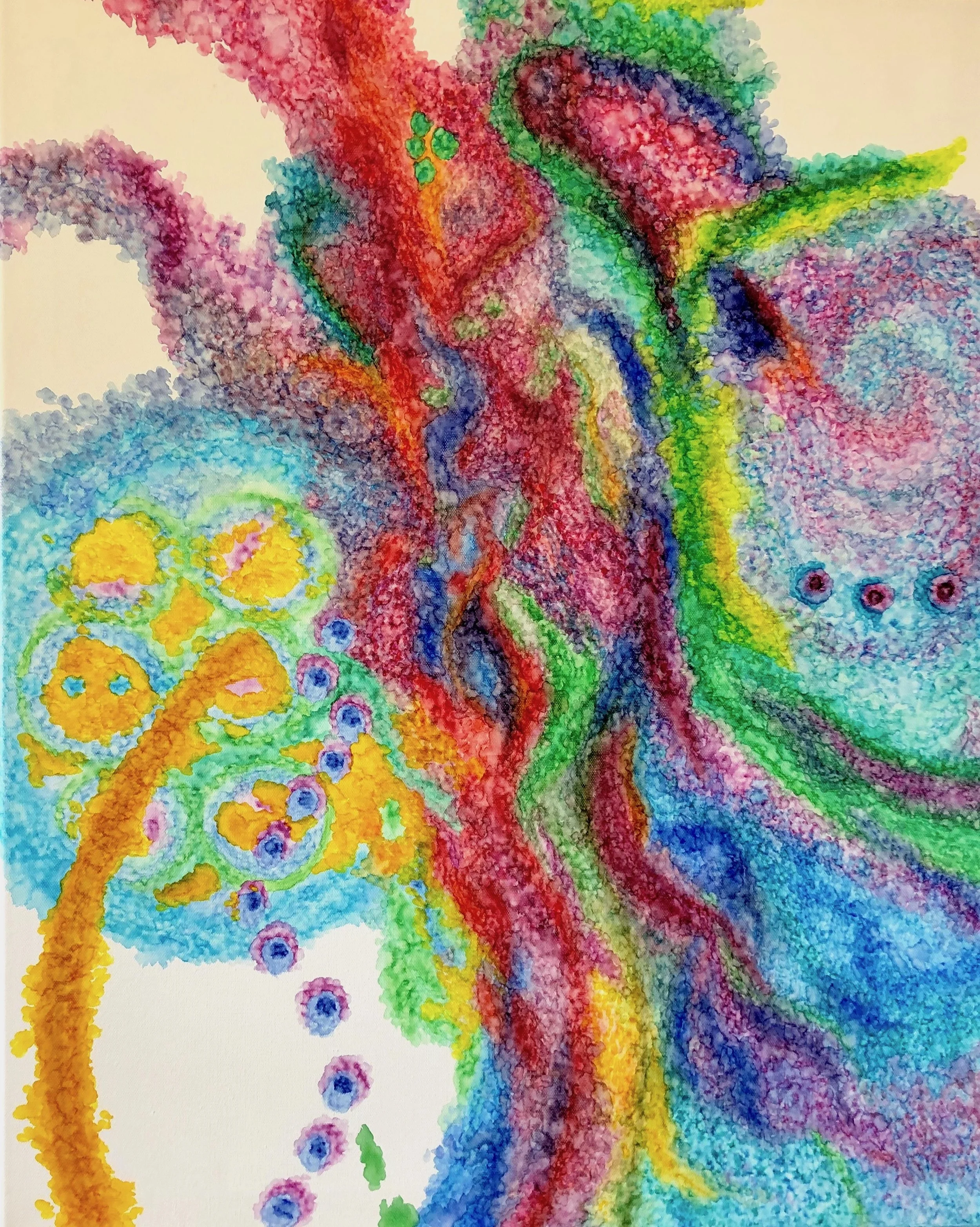 Color and Lights, July 2019. Paint pens on stretched canvas. 30x24 inches. Unframed with finished sides.