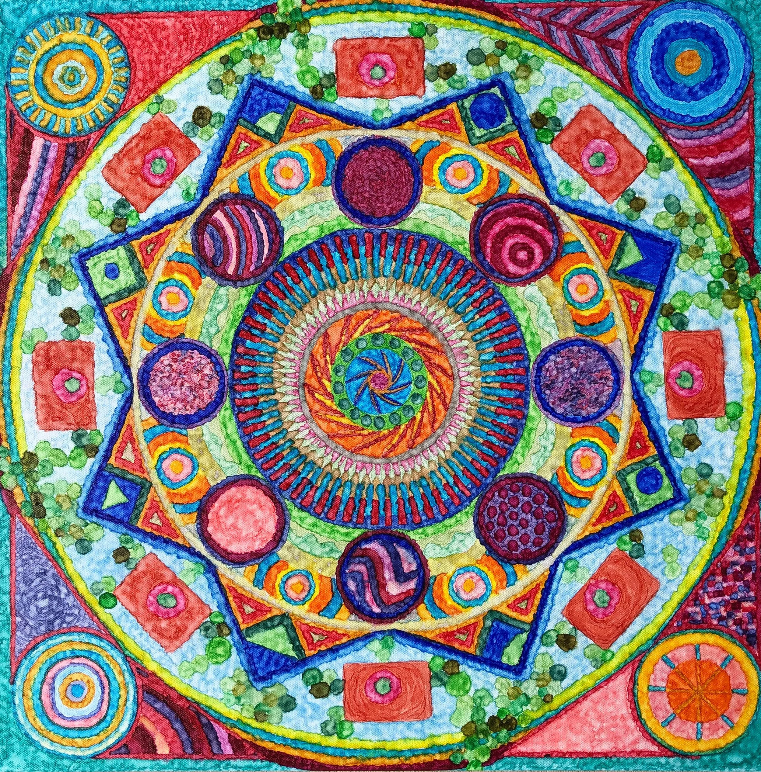 Circles in Circles, August 2019. Paint pens on stretched canvas. 24x24 inches. Unframed with finished sides.