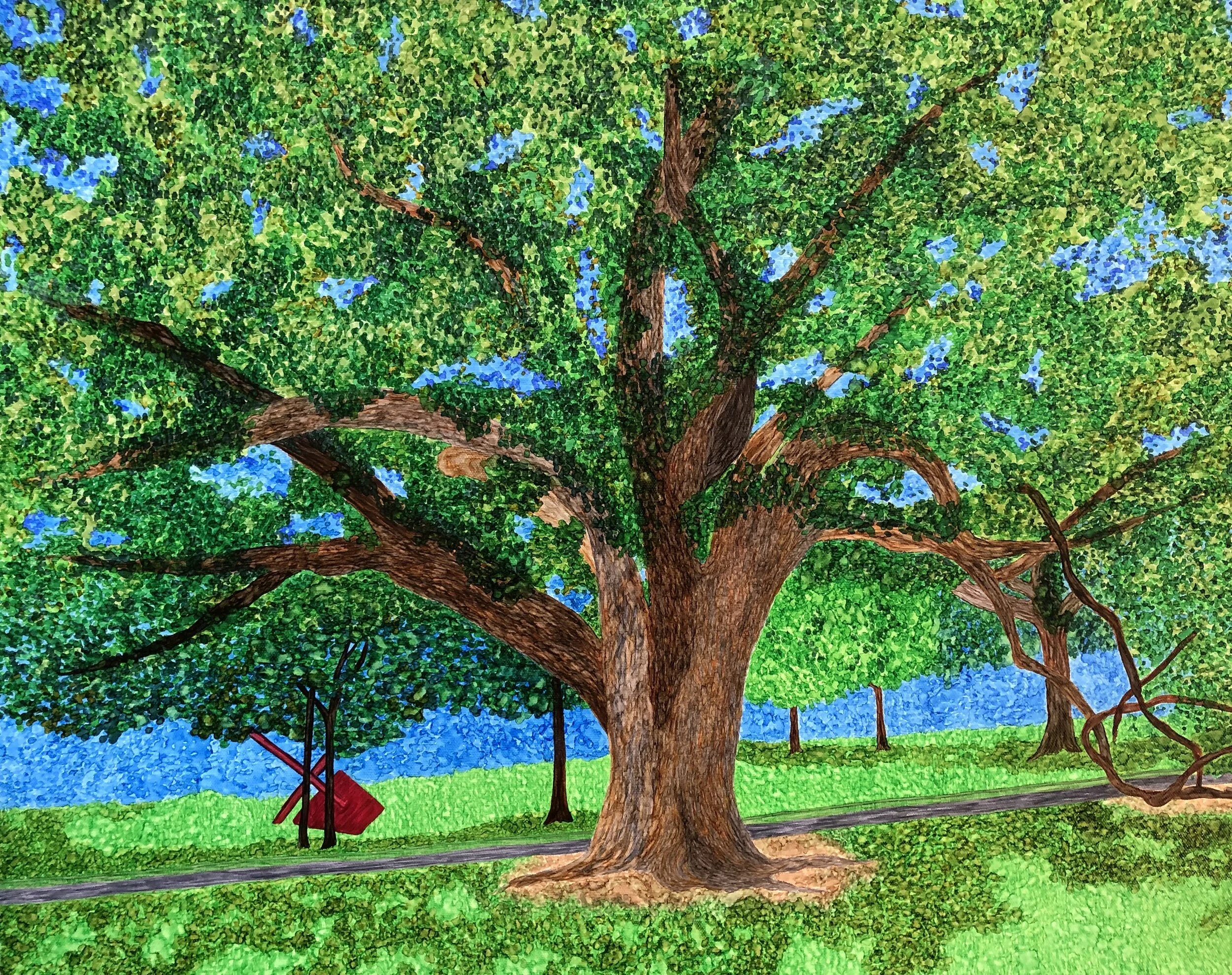 Menil Tree, September 2019. Paint pens on stretched canvas. 22x28 inches. Unframed with finished sides.