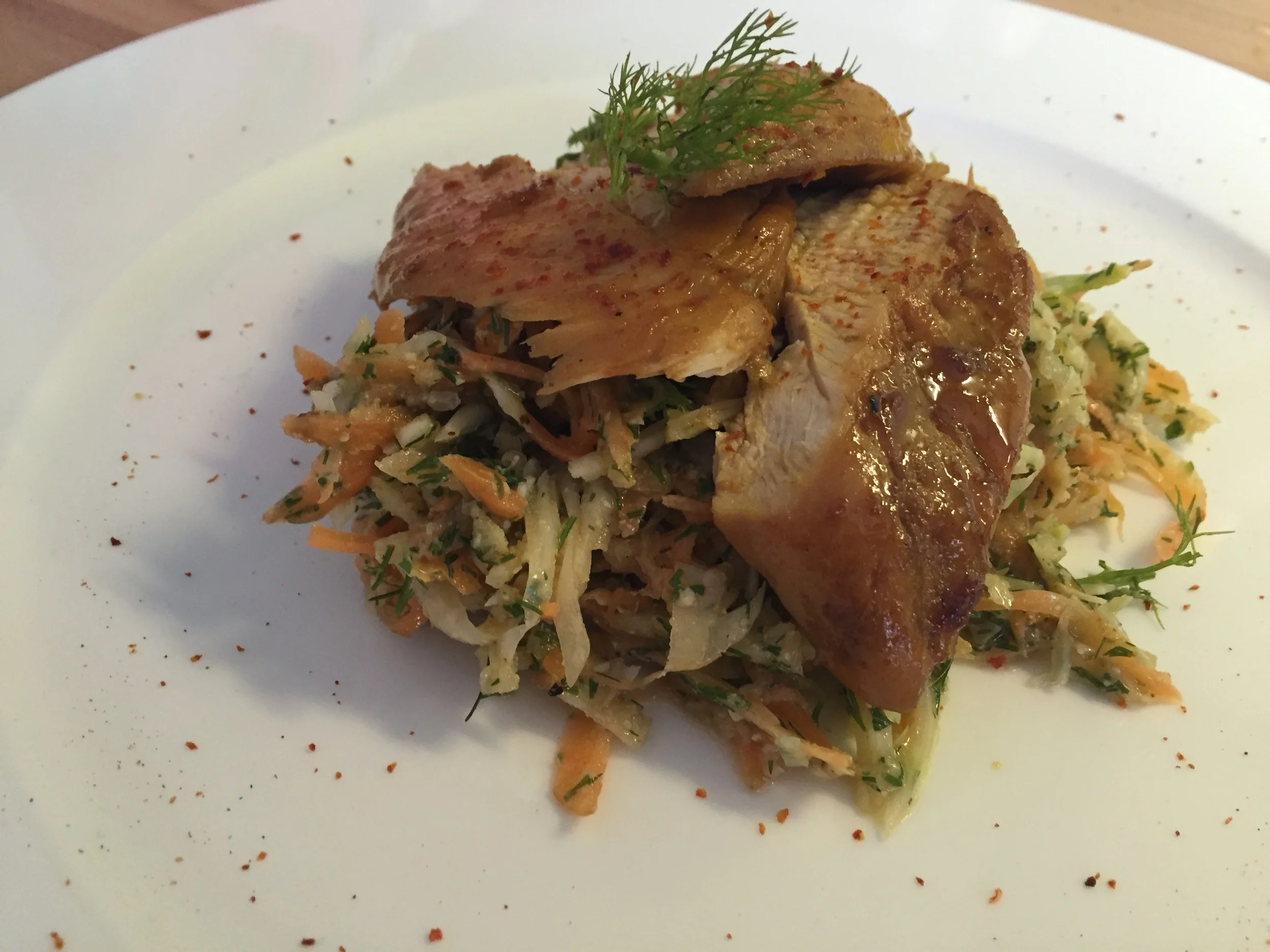 Marinated fillet of chicken with salad of black spanish radish and fennel