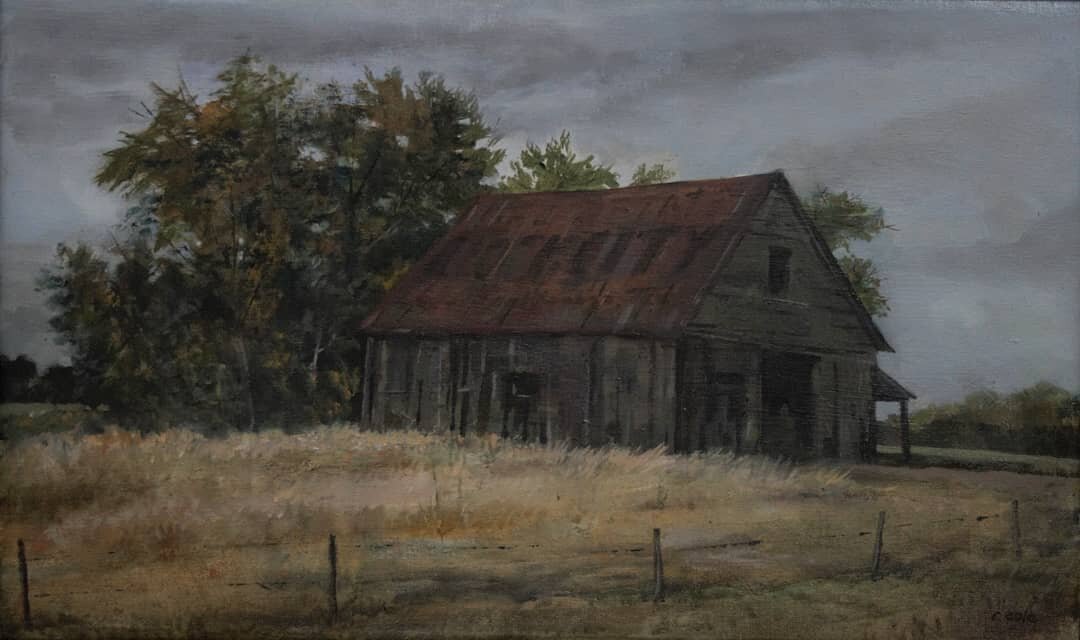 &quot;Abbeville (Rock City) Barn&quot; oil on linen.... Once exceeding 900 and dotting the rural landscape across the Southern U.S., there are now less than 70 Rock City barns  still standing. This is the lone survivor in South Carolina. #see7states 