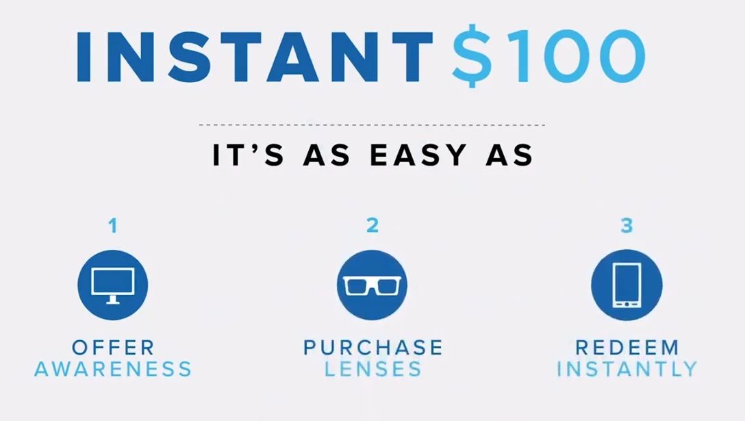 *Valid 2/1/19 – 12/31/19. Rebate in form of gift card. May combine with select lenses and coatings. Visit essilorusa.com/instant100 for full Terms & Conditions.