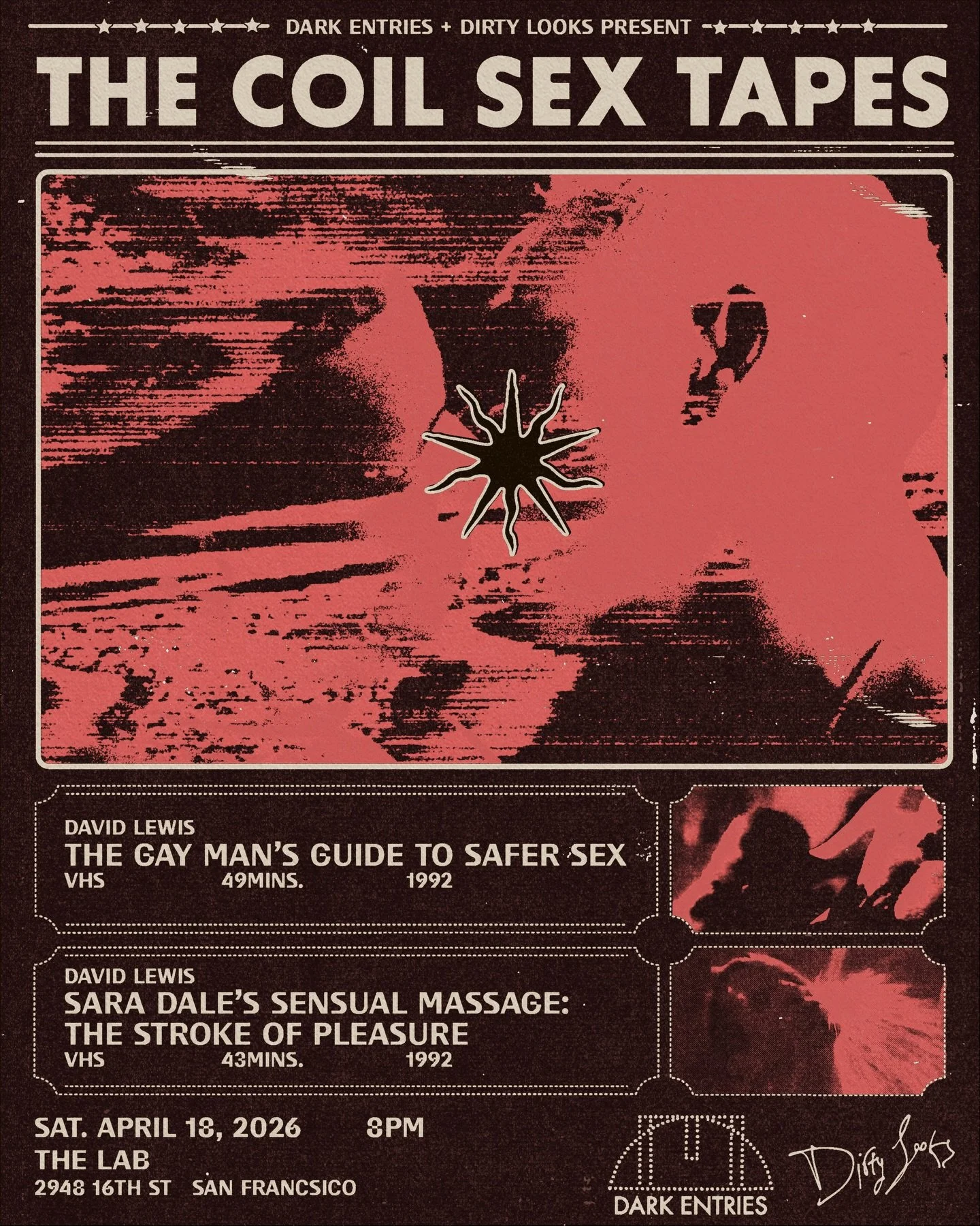 The Coil Sex Tapes come to SF! Dirty Looks returns, reteaming with Dark Entries, to co-present two &ldquo;educational&rdquo; tapes scored by legendary band Coil from 1992, during a period of moral panic in Britain. Tickets on sale now.

Saturday, Apr