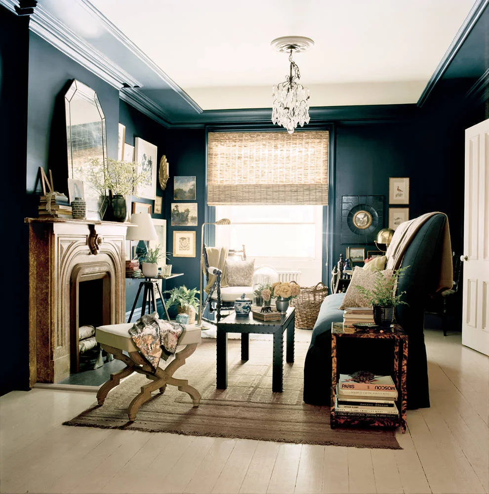 A dark and glamorous sitting room styled by Kim Ficaro, Domino Magazine