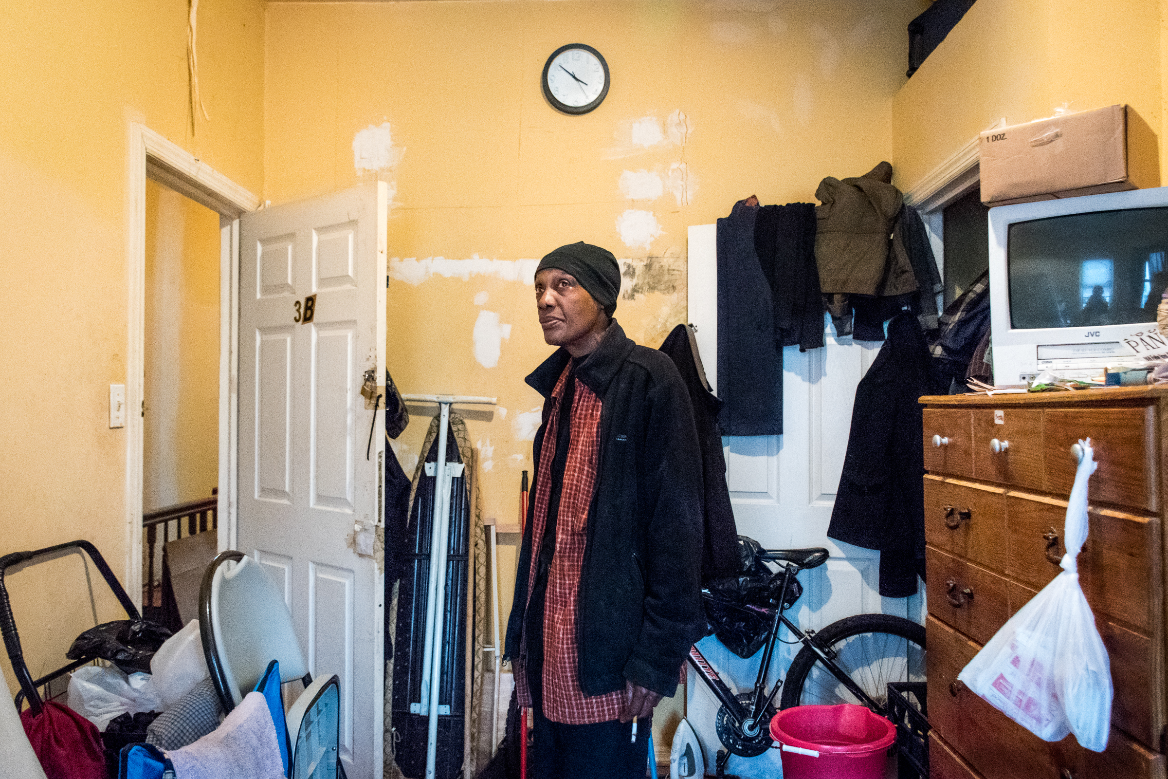 May 5, 2017- Brooklyn, N.Y., U.S.A.- Frankie in his home in the Ocean Hill neighbourhood of Brooklyn. Frankie resides in a government subsidized halfway house. He has his own private bedroom and shares the rest of the house with other disabled peopl