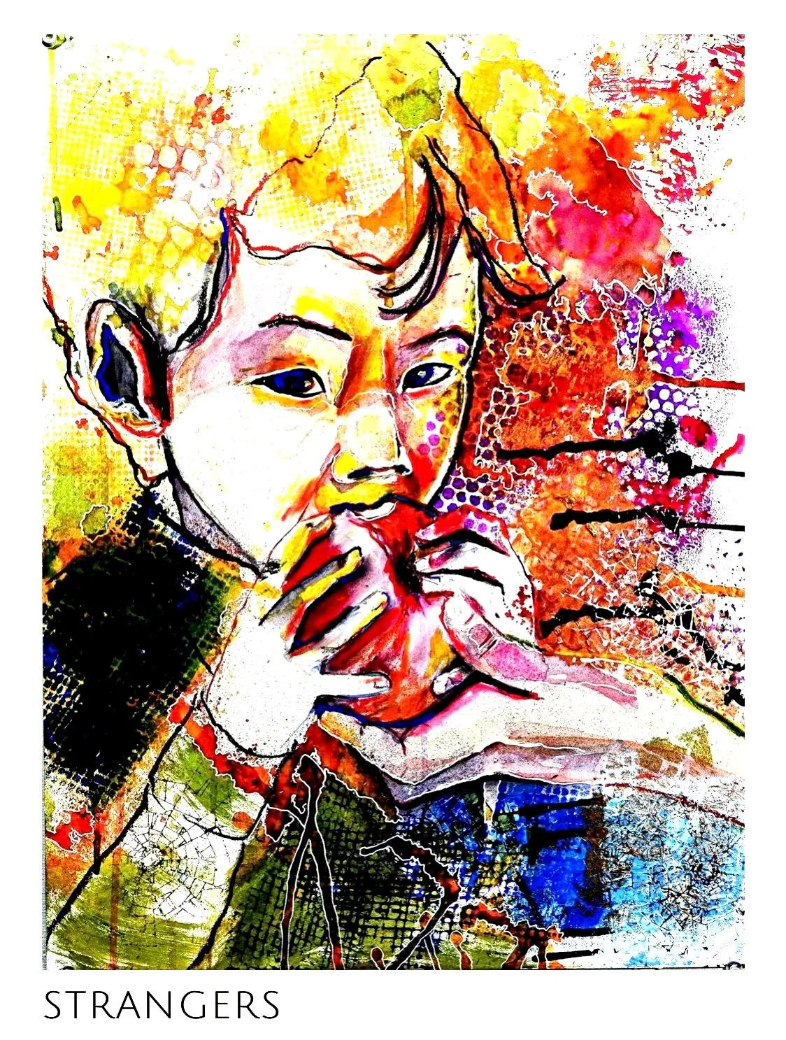A colorful abstract watercolor painting of a child's face with short hair, finger near the mouth, and detailed in bold lines, with vibrant splashes of yellow, orange, pink, purple, green, and blue, titled 'Strangers'.