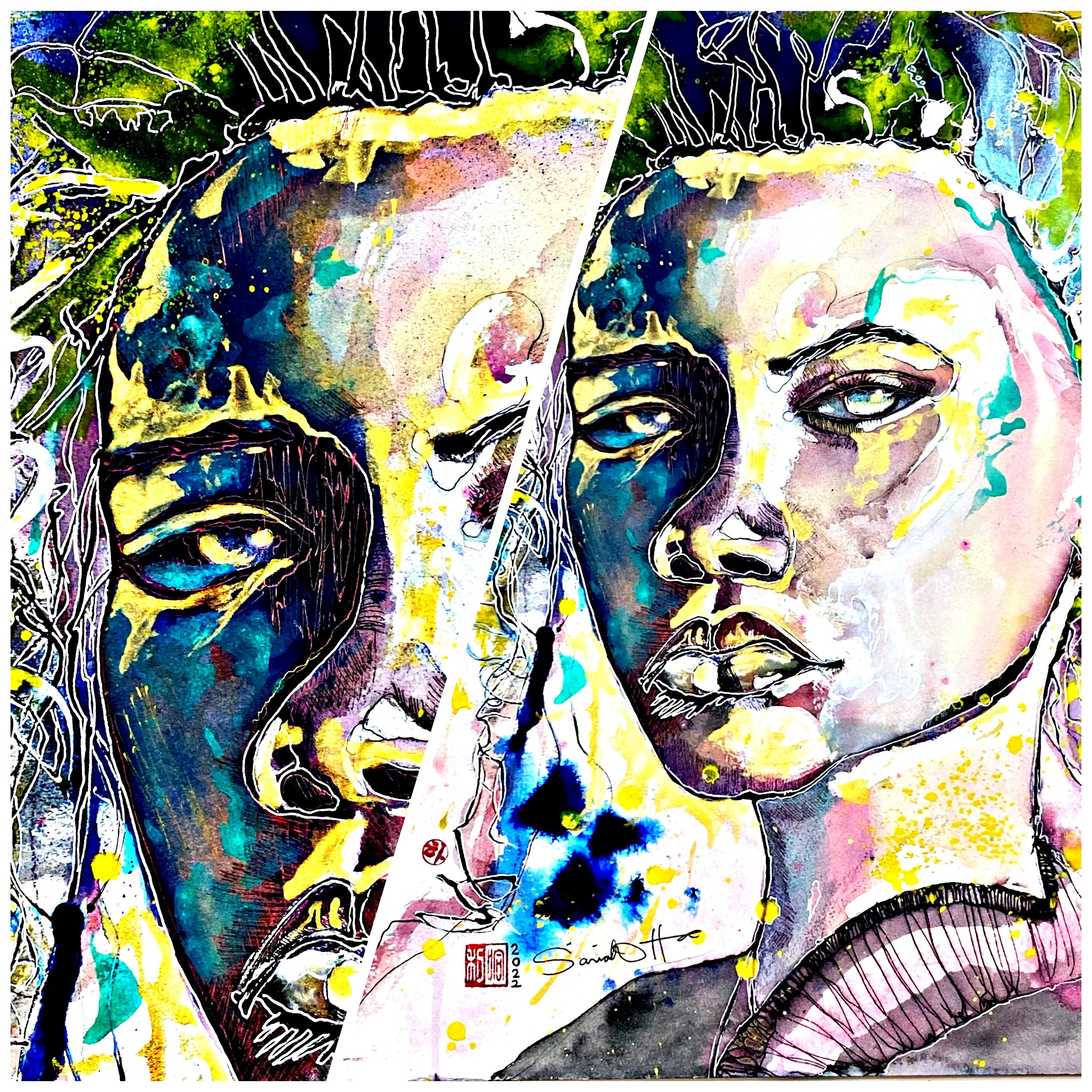A colorful abstract painting of a person wearing sunglasses, featuring vibrant splashes of yellow, blue, green, pink, and black with expressive lines and details.