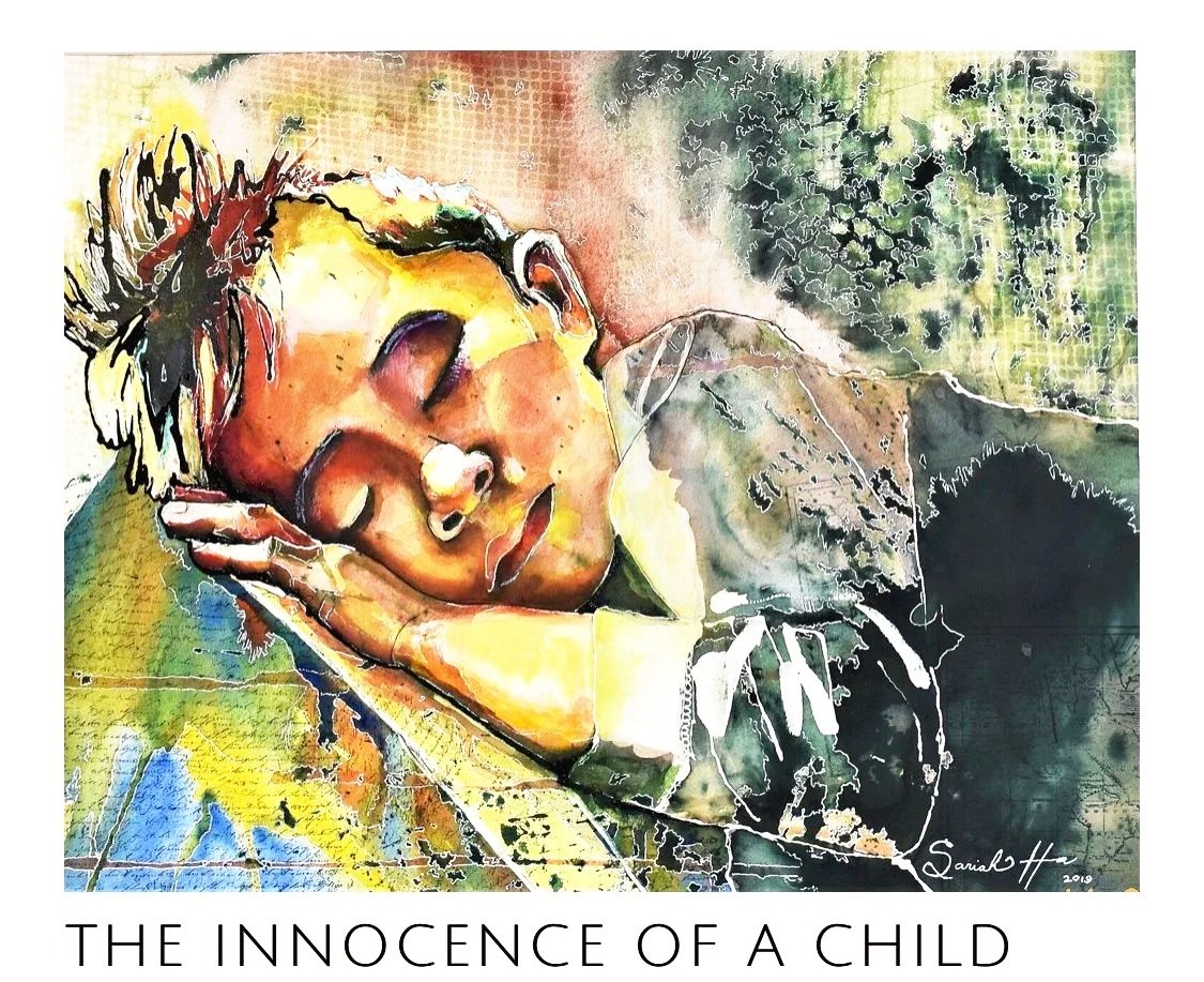 An artistic watercolor painting of a sleeping child with a peaceful expression, resting with their head on their hands.