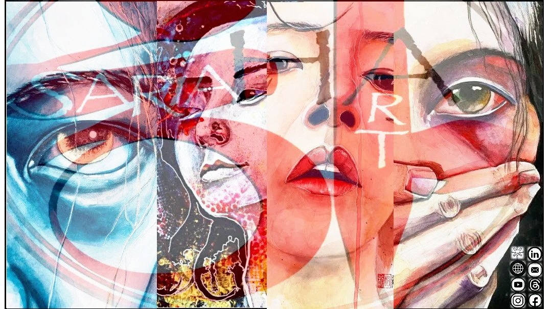 Digital collage of three faces with artistic overlays and effects, blending abstract and realistic elements. The faces include one with glasses, an Asian woman, and a woman with red lipstick and holding a cigarette.