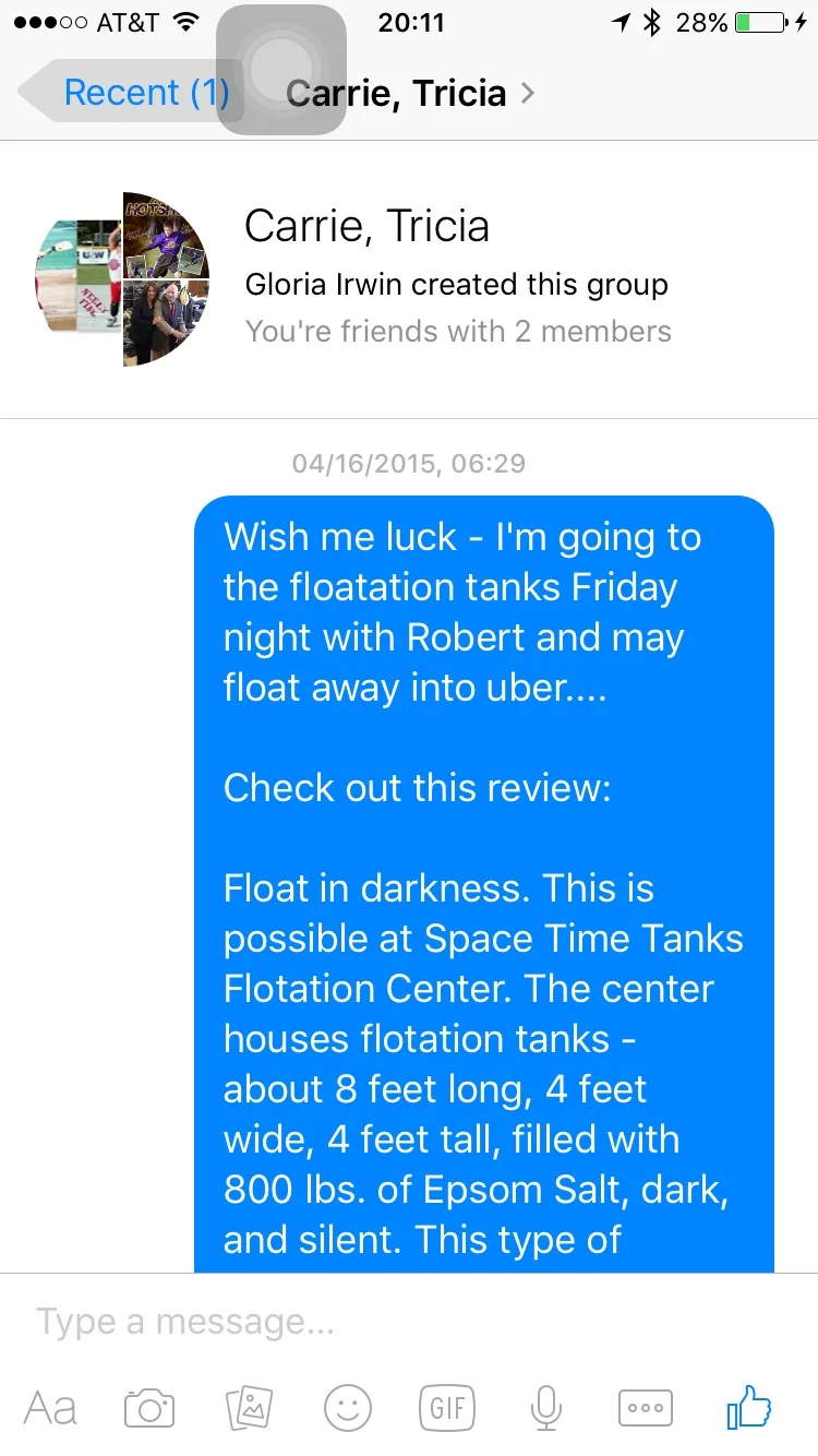 My fearful pre-float message to my girlfriends.