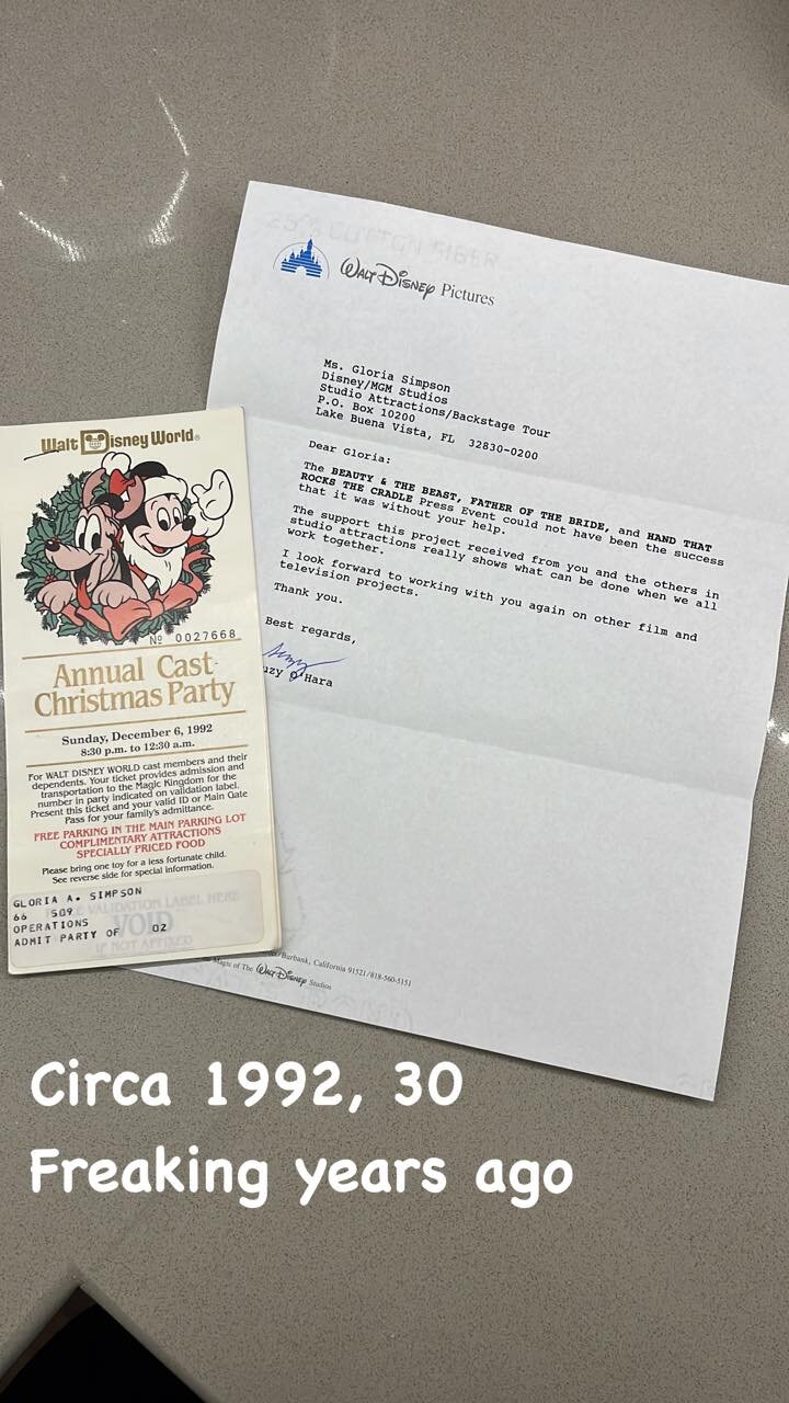 What a blast from my #disneycollegeprogram past! Circa 1992, a typewritten letter celebrating the press event for Beauty and the Beast, Hand that Rocks the Cradle and the Father of the Bride. Also love the tickets to the 2022 Christmas Cast Member Ev