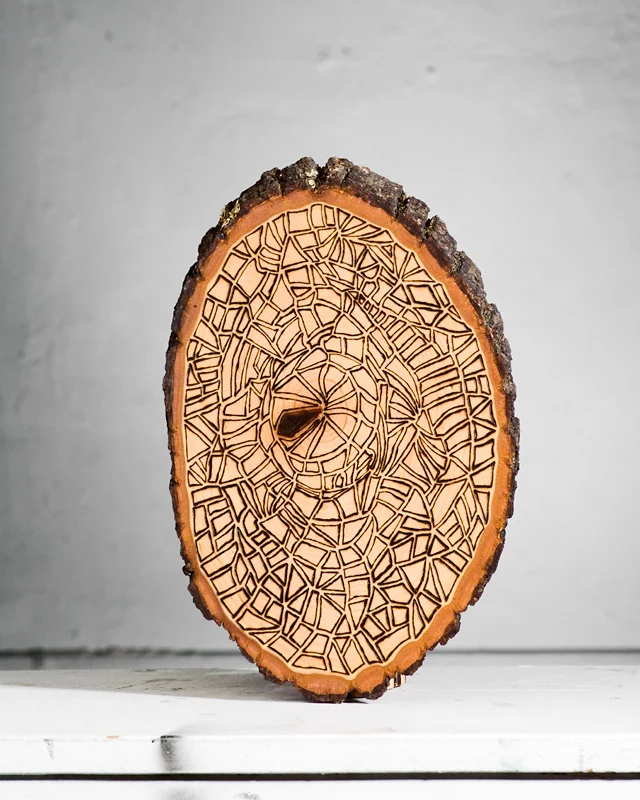 Time (2015) Wood Burning on Bass Wood Bark Slab 8½ in x 1 in x 11 ½ in SOLD