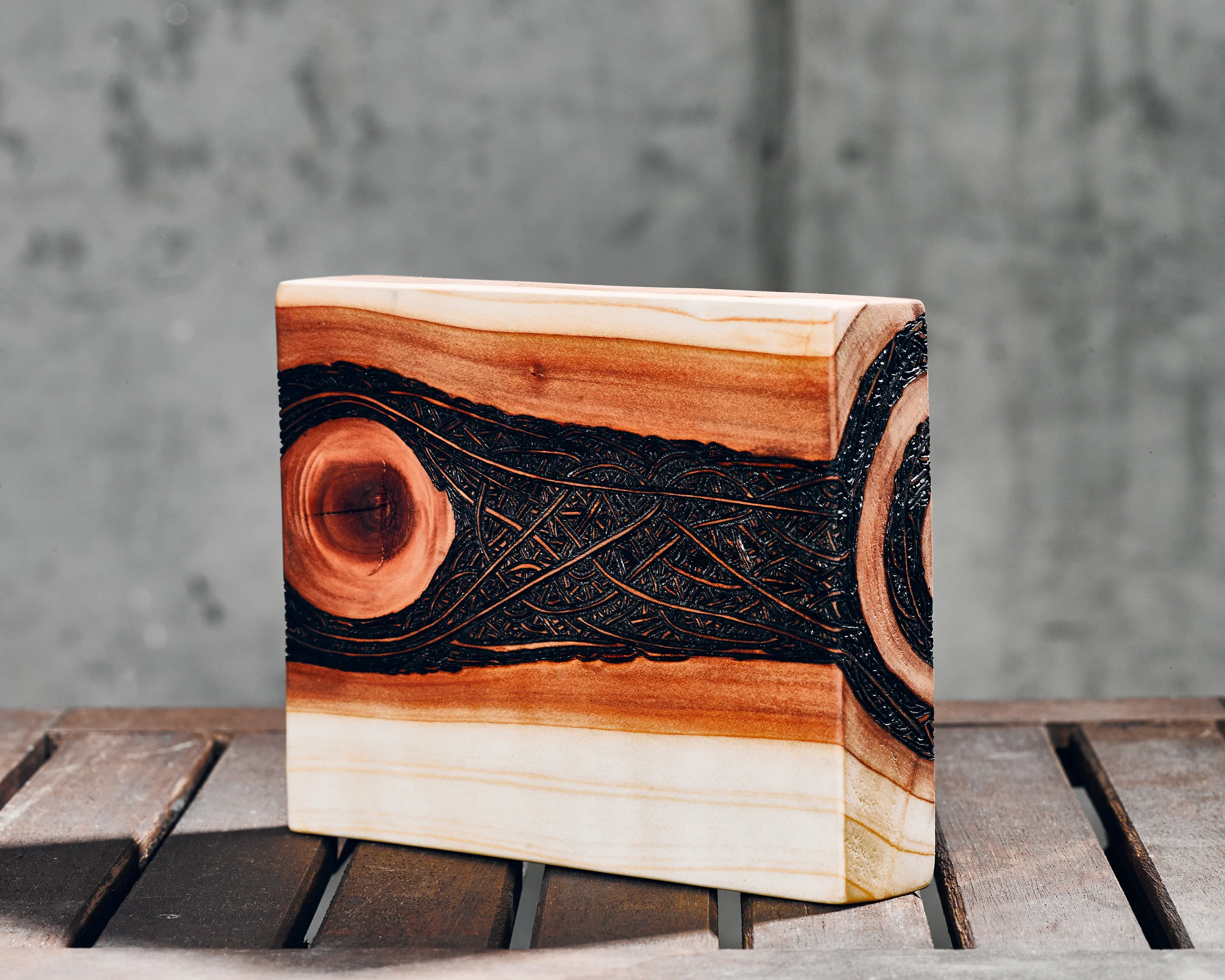 Interconnections (2015) Wood Burning on Red Wood 7 in x 1 ½ in x 6 in SOLD
