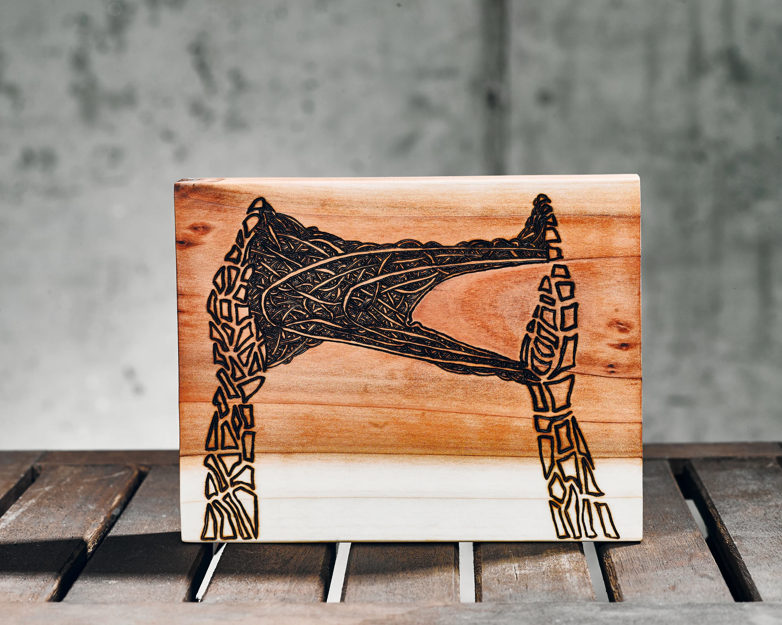 Compassion (2015) Wood Burning on Red Wood 7 in x 1 ½ in x 6 in SOLD