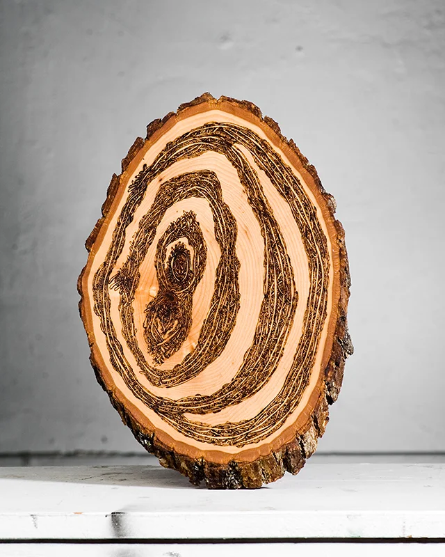 Time (2015) Wood Burning on Bass Wood Bark Slab 8 in x 1 in x 13 ½ in SOLD