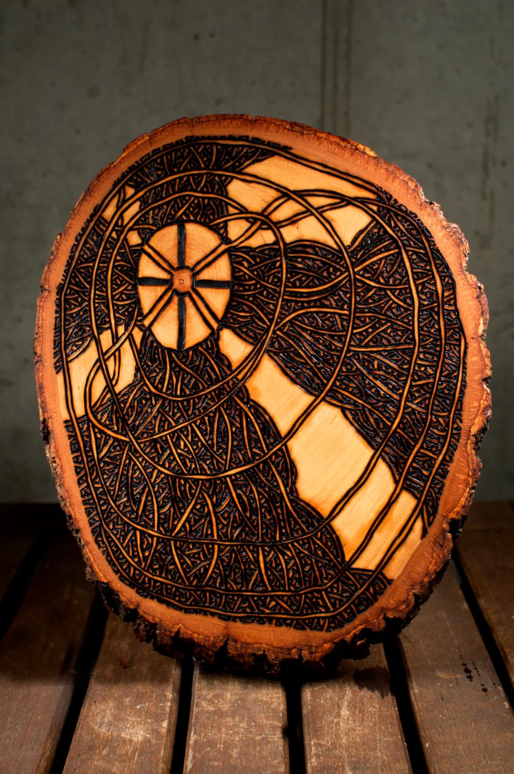 Four Directions (2015) Wood Burning On Bass Wood Bark Slab 9 ½ in x 1 in x 7 ½ in