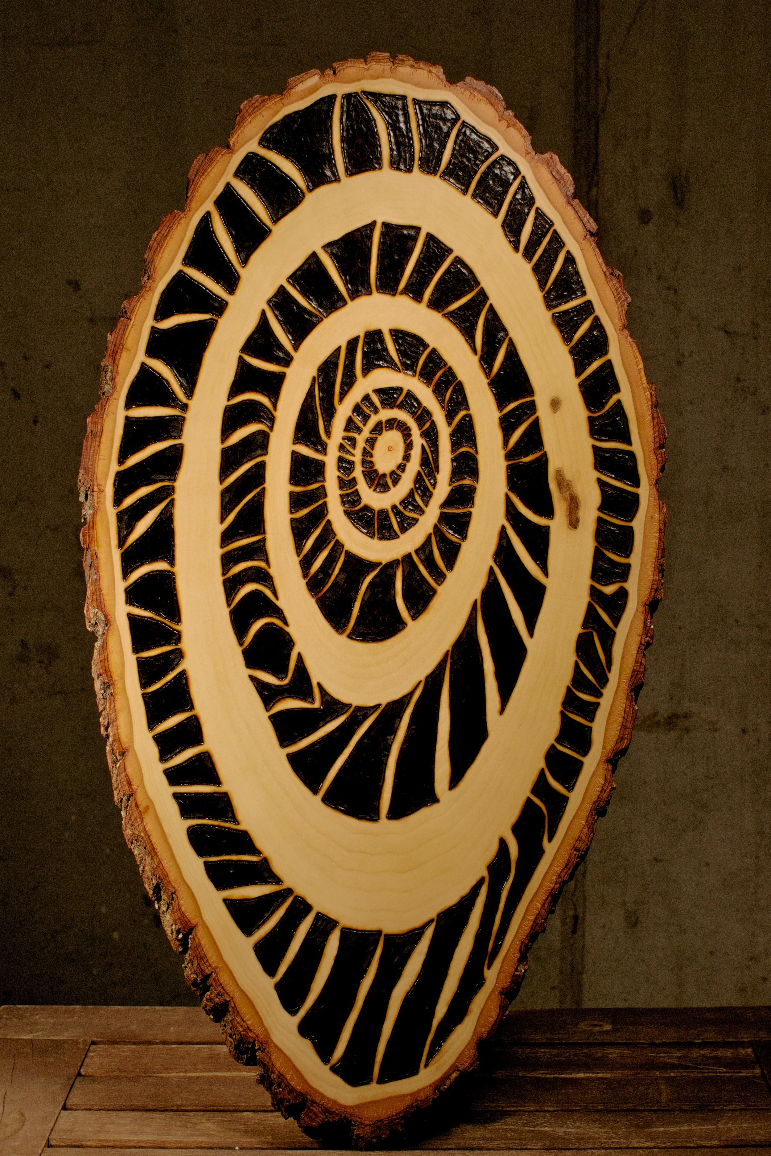 Time (2016) Wood Burning on Bass Wood Bark Slab 19 ½ in x 1 in x 10 in
