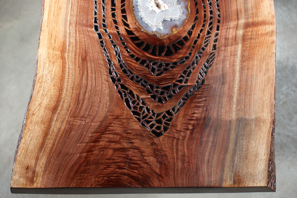 Gratitude (2016) Wood Burning on Black Walnut Live Edge Slab Amethyst Crystal Slab Inlay 36 in x 2 in x 17.5 in