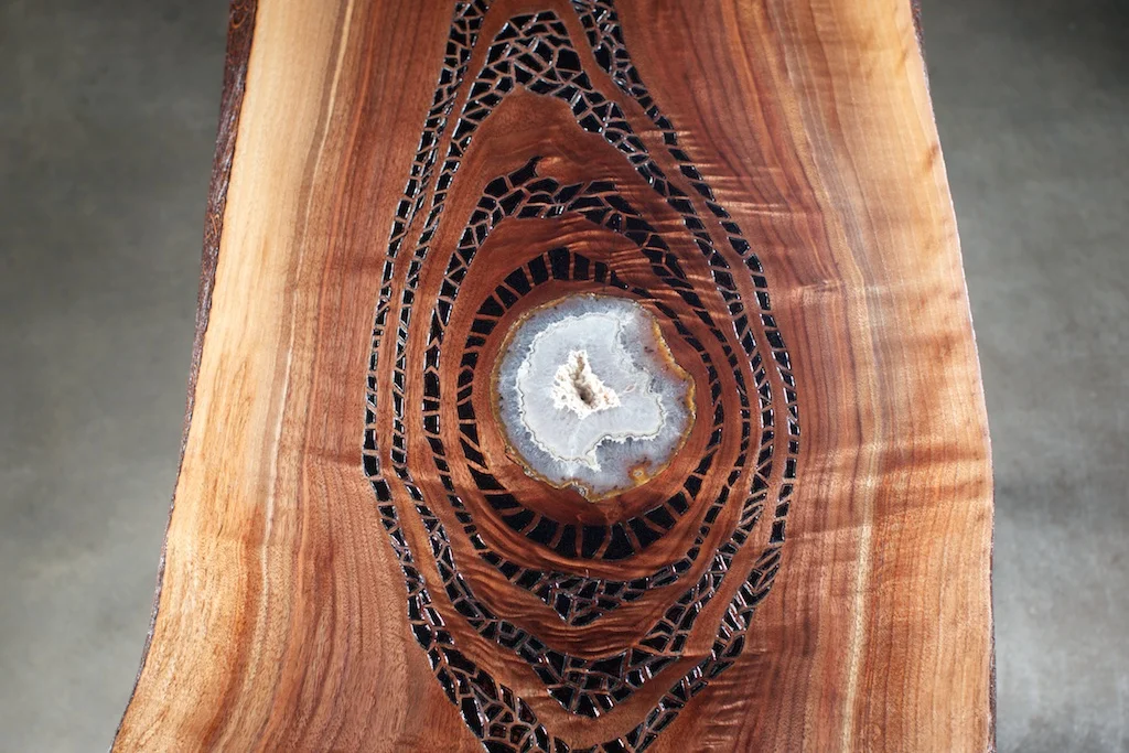 Gratitude (2016) Wood Burning on Black Walnut Live Edge Slab Amethyst Crystal Slab Inlay 36 in x 2 in x 17.5 in