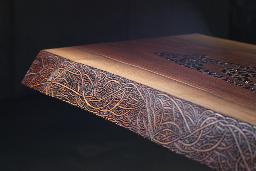 Gratitude (2016) Wood Burning on Black Walnut Live Edge Slab Amethyst Crystal Slab Inlay 36 in x 2 in x 17.5 in