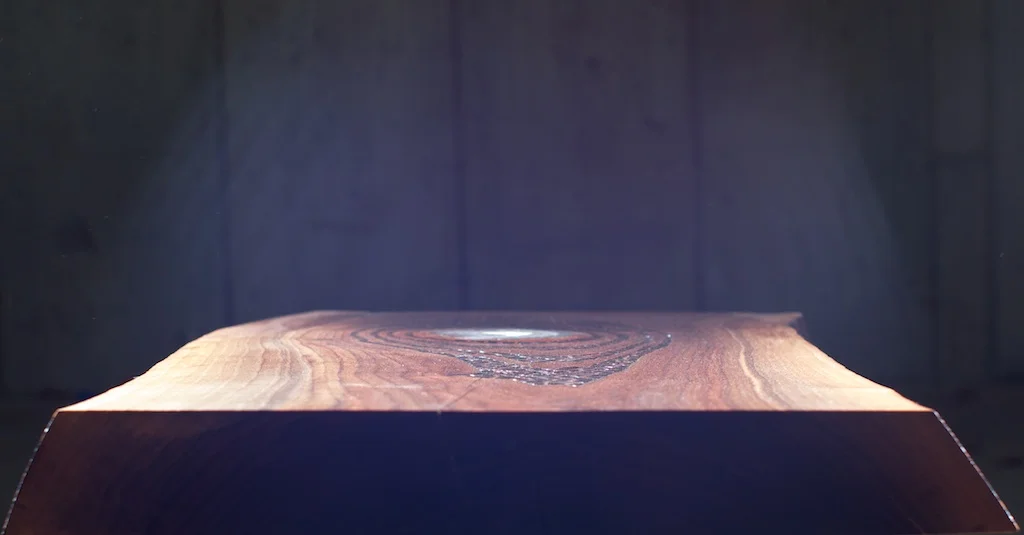 Gratitude (2016) Wood Burning on Black Walnut Live Edge Slab Amethyst Crystal Slab Inlay 36 in x 2 in x 17.5 in