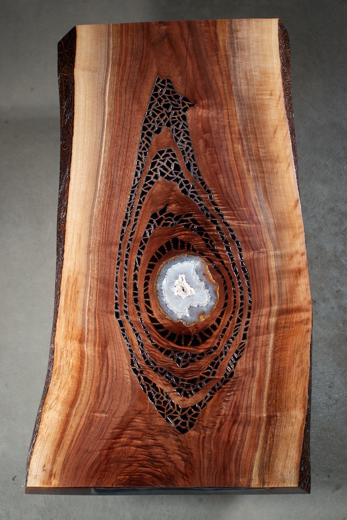 Gratitude (2016) Wood Burning on Black Walnut Live Edge Slab Amethyst Crystal Slab Inlay 36 in x 2 in x 17.5 in