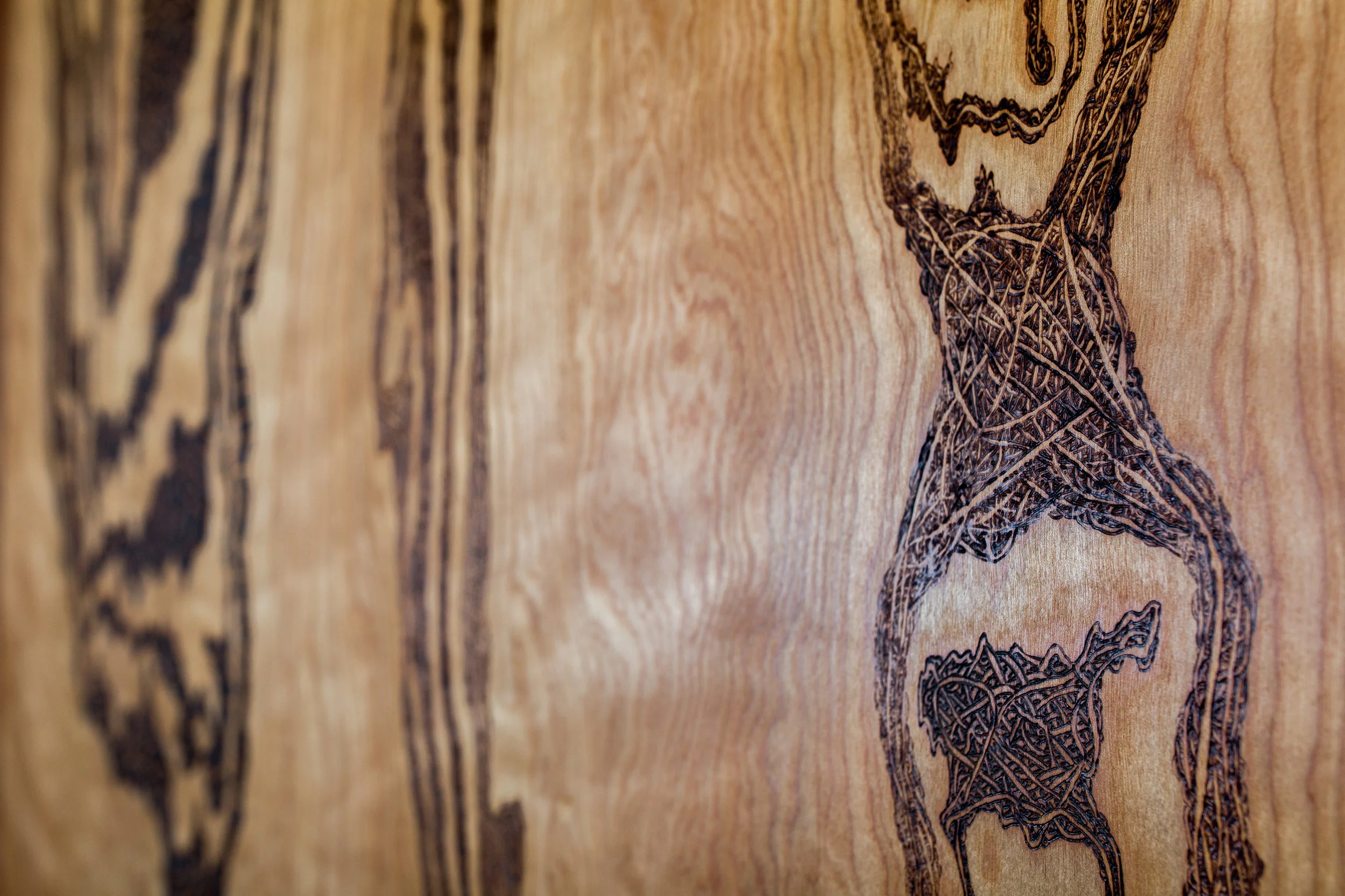 Inner Workings Of The Underground (2015) Wood Burning on Maple Wood 33 in x 1 in x 48 in