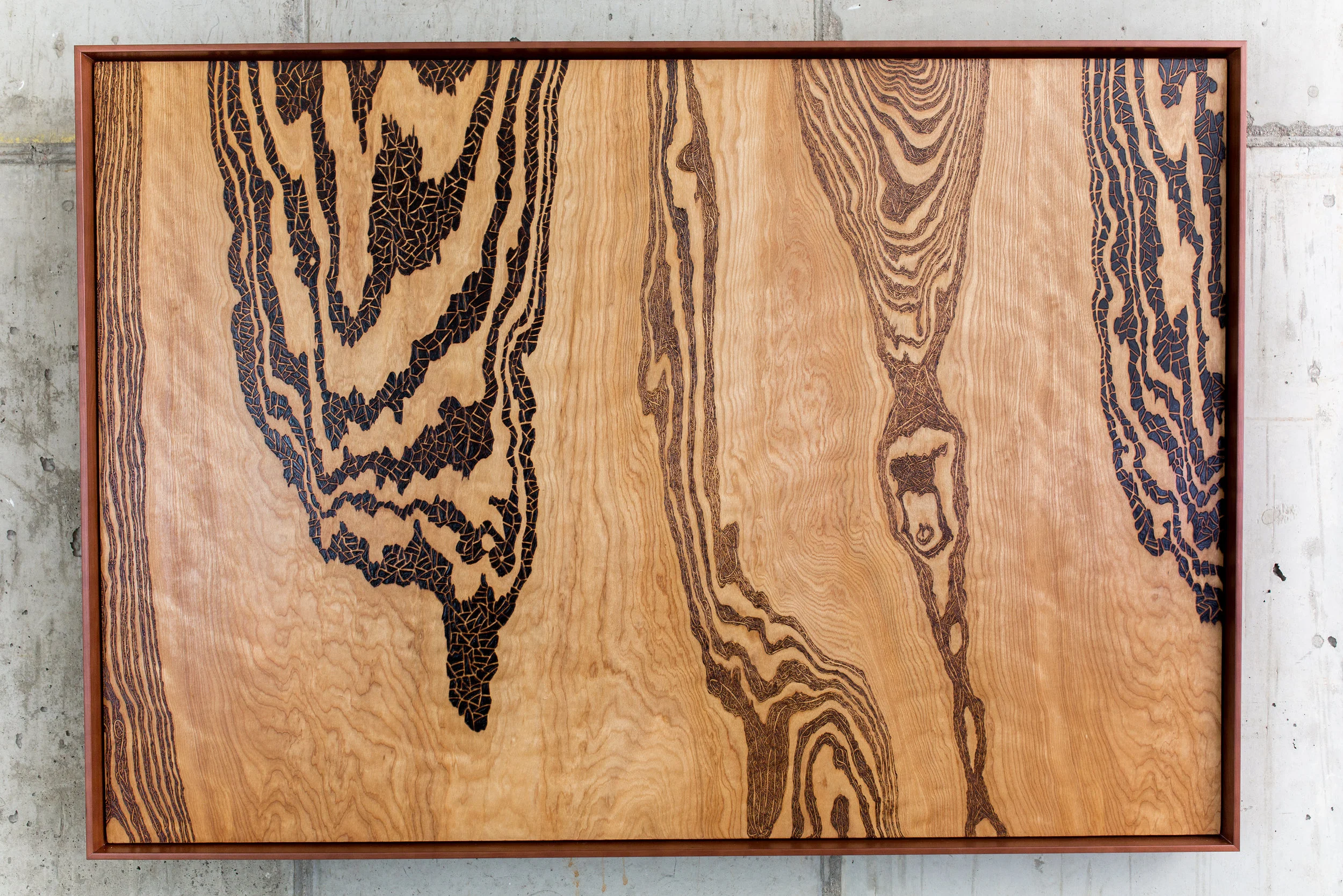 Inner Workings Of The Underground (2015) Wood Burning on Maple Wood 33 in x 1 in x 48 in