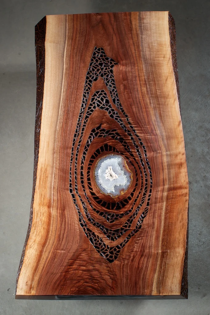 Gratitude (2016) Wood Burning on Black Walnut Live Edge Slab Amethyst Crystal Slab Inlay 36 in x 2 in x 17.5 in