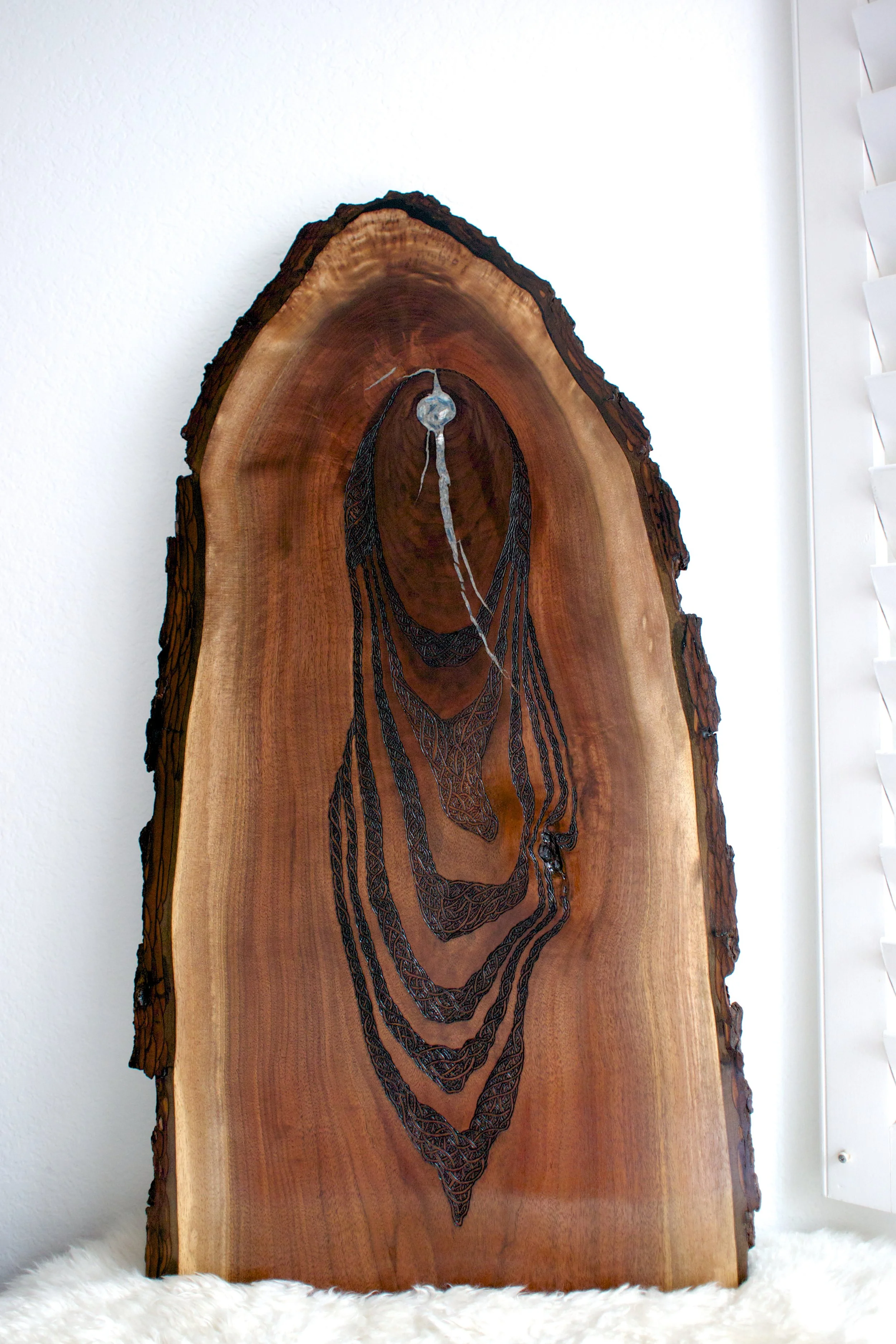Shape Shifter (2016) Wood Burning on Black Walnut Live Edge Slab Kyanite Crystal Inlay 37 in x 2 in x 18.5 in
