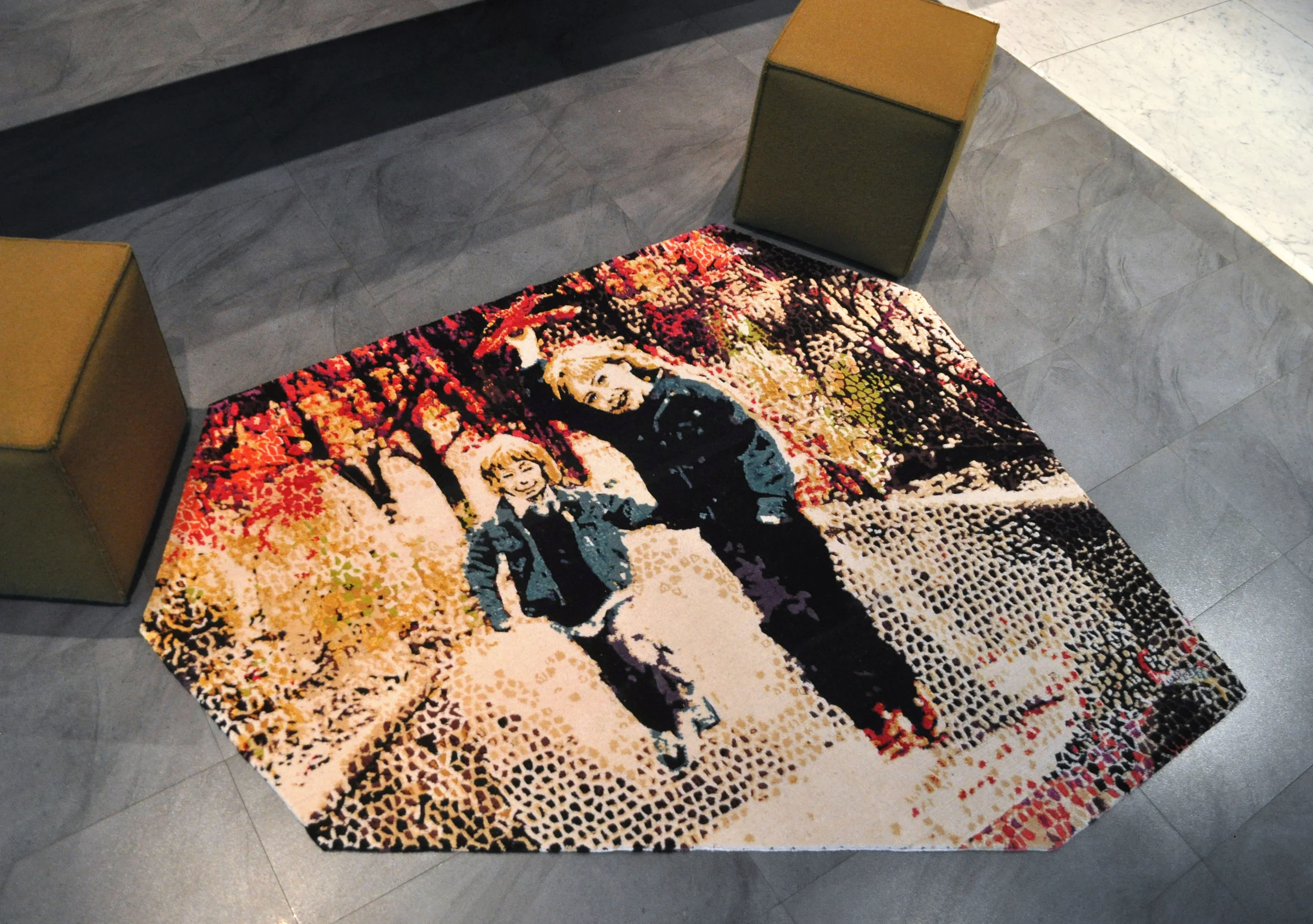 Custom shaped tapestry of a client's two children | Hand-knotted in wool and silk | 2013