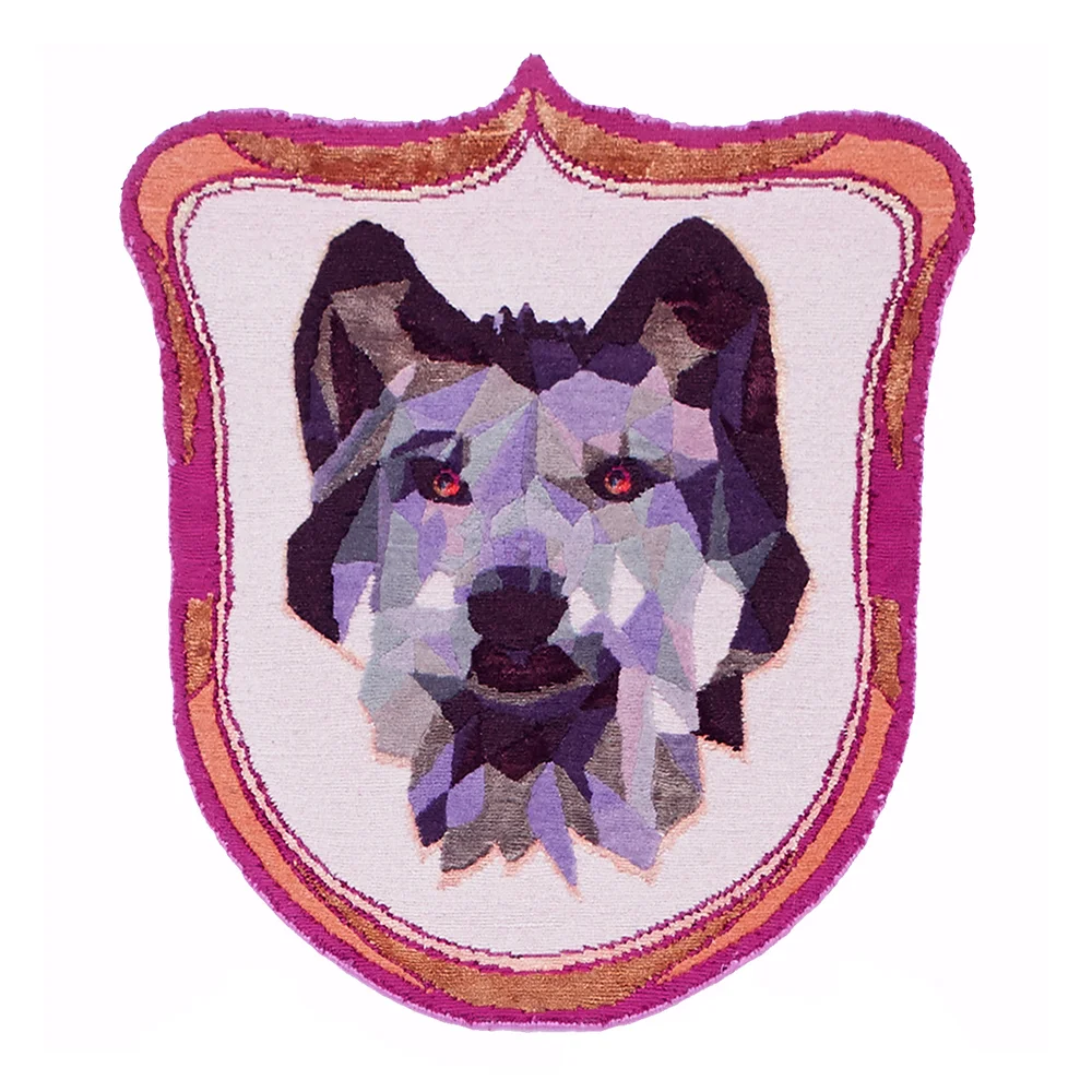 A beautiful Wolf Crest hand-knotted in Wool and Bamboo, detailed in Swarovski crystals. Client: Totem Rugs | 2014