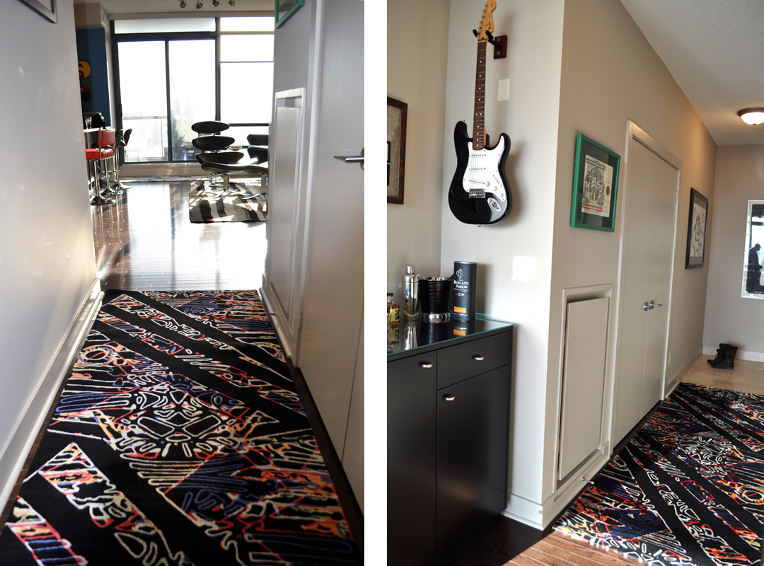 The Totem Runner was designed specifically for the home it is featured in. Northern Bright Totem is woven with colourful silks on a black wool field. The inspiration for this rug came from totem pole imagery broken apart by racing stripes.