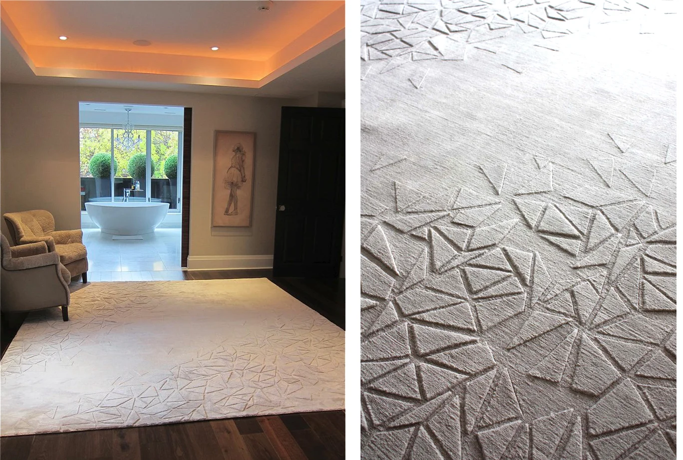 The Quarz rugs were designed for a master bedroom and an adjacent sitting room in an 1896 Toronto residence. The “crystals” have been hand carved at different pile heights in 100% silk. Designed with creative direction from Robert Cameron. 2013