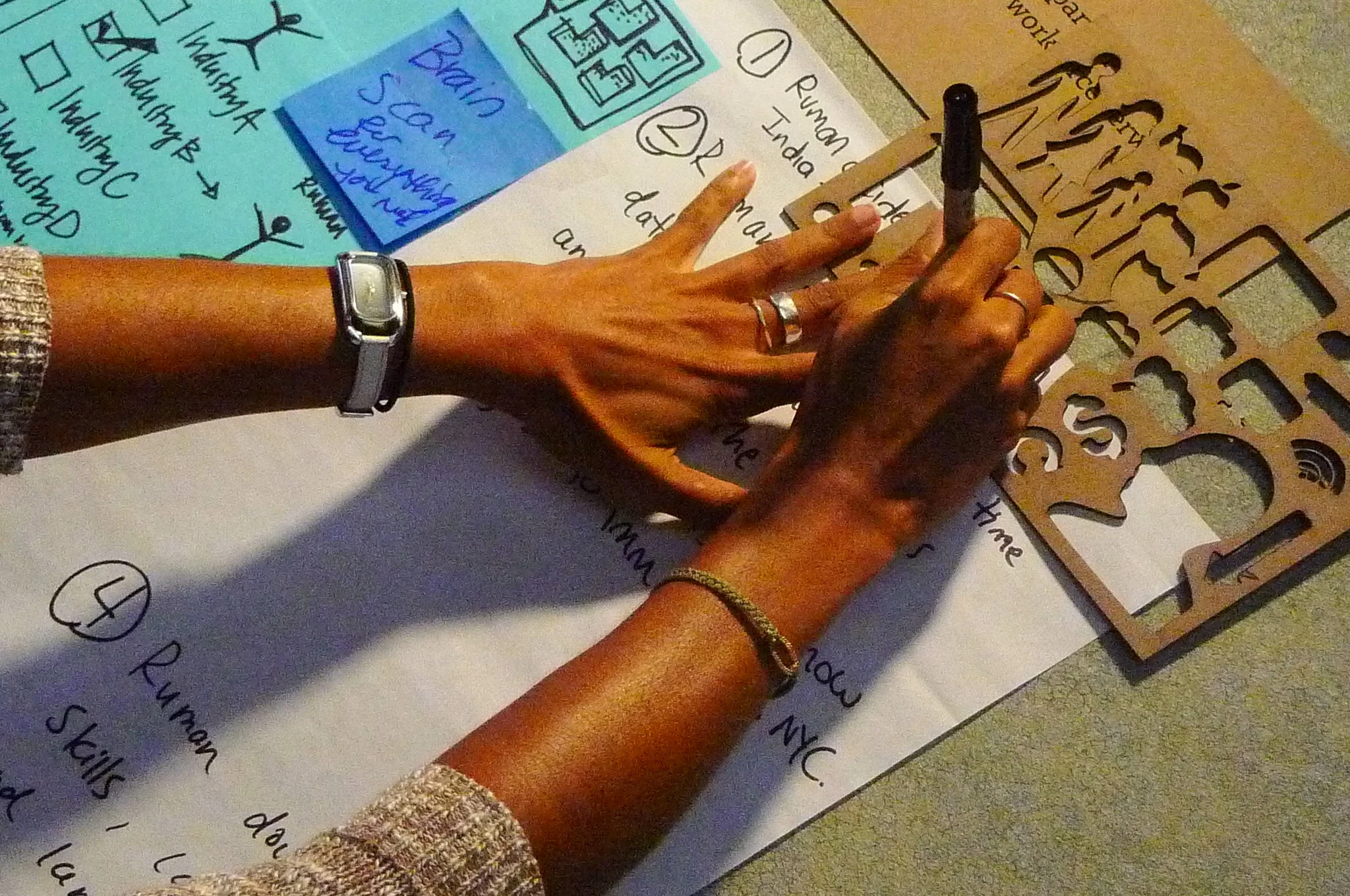 A participant using the futuring stencil to visualize the scenario the team generated.