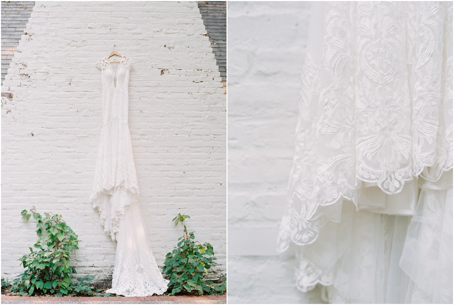  Romantic bohemian white wedding gown drapes effortlessly against the garden wall. 