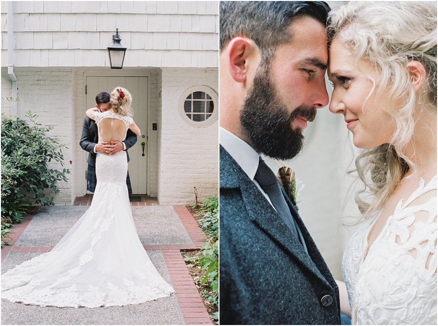  Wedding couple hug and kiss during their formal film portrait session. 