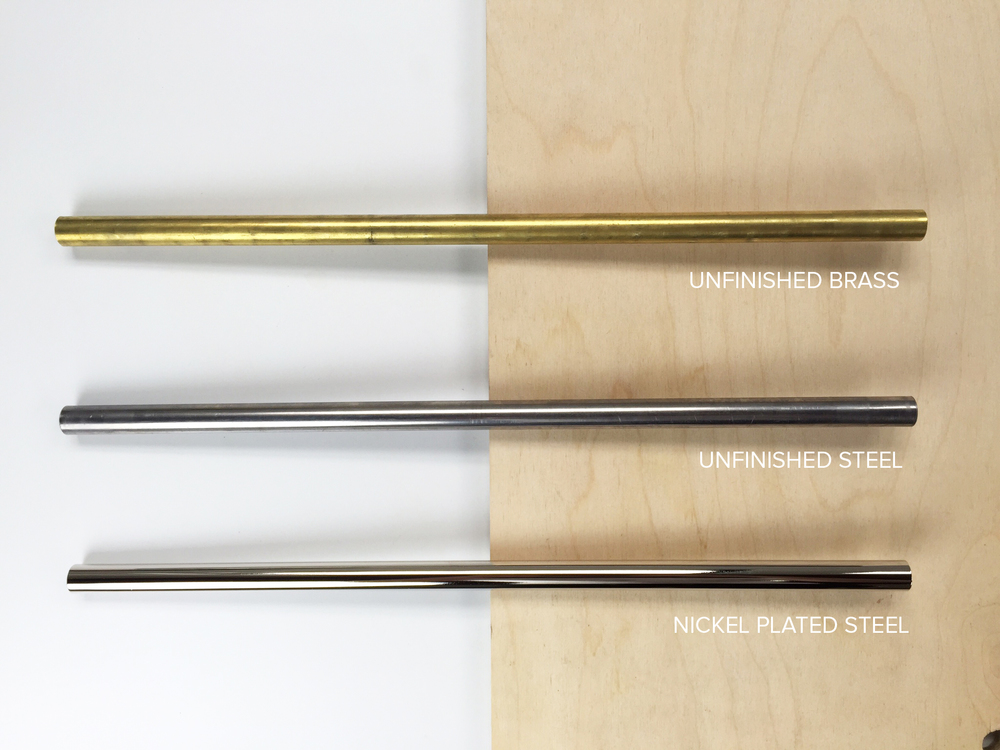 Detail of finish available- unfinished brass, unfinished steel and nickel-plated steel