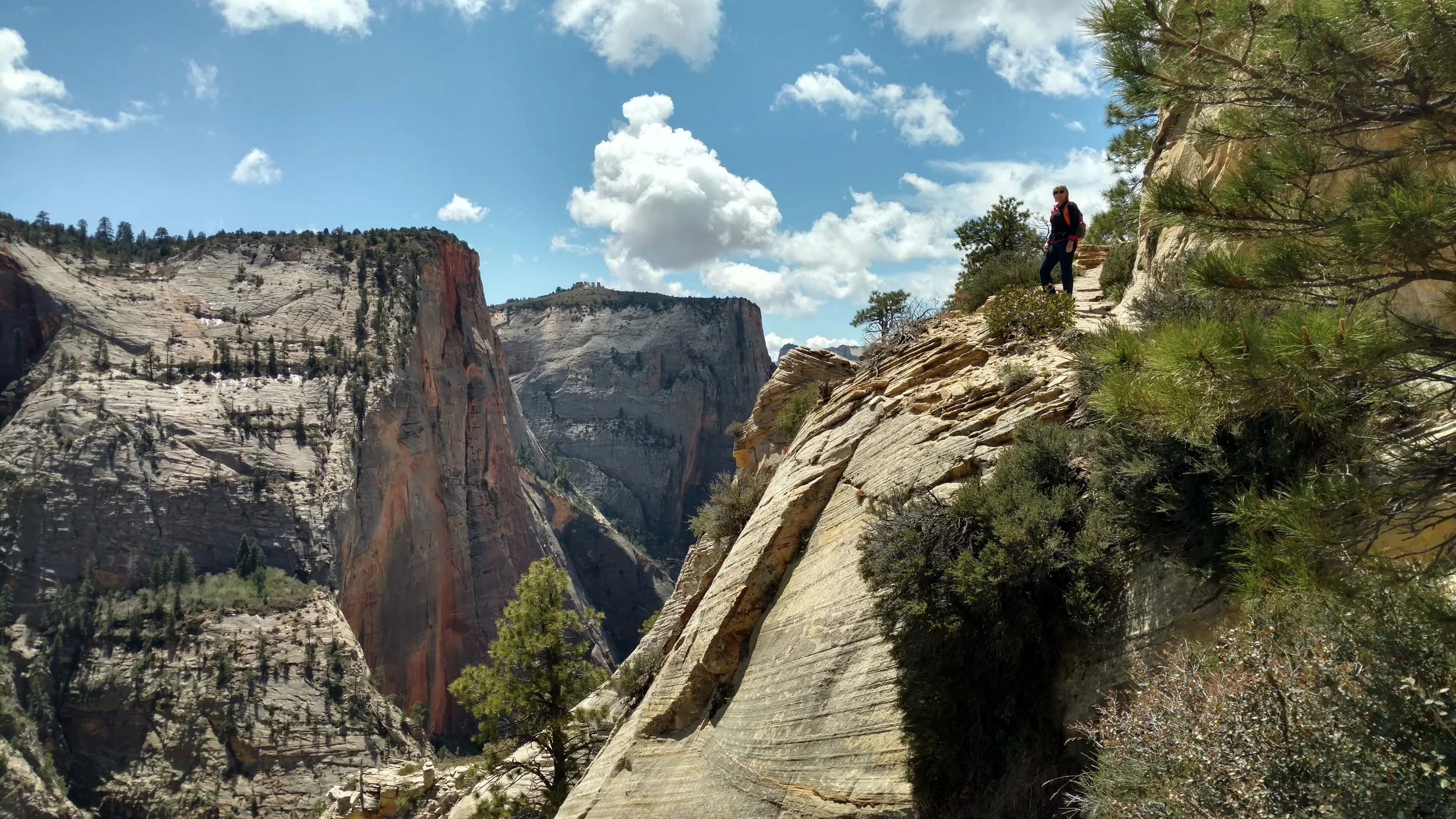 Linda, standing on the trail as it cuts into the shear cliff face.