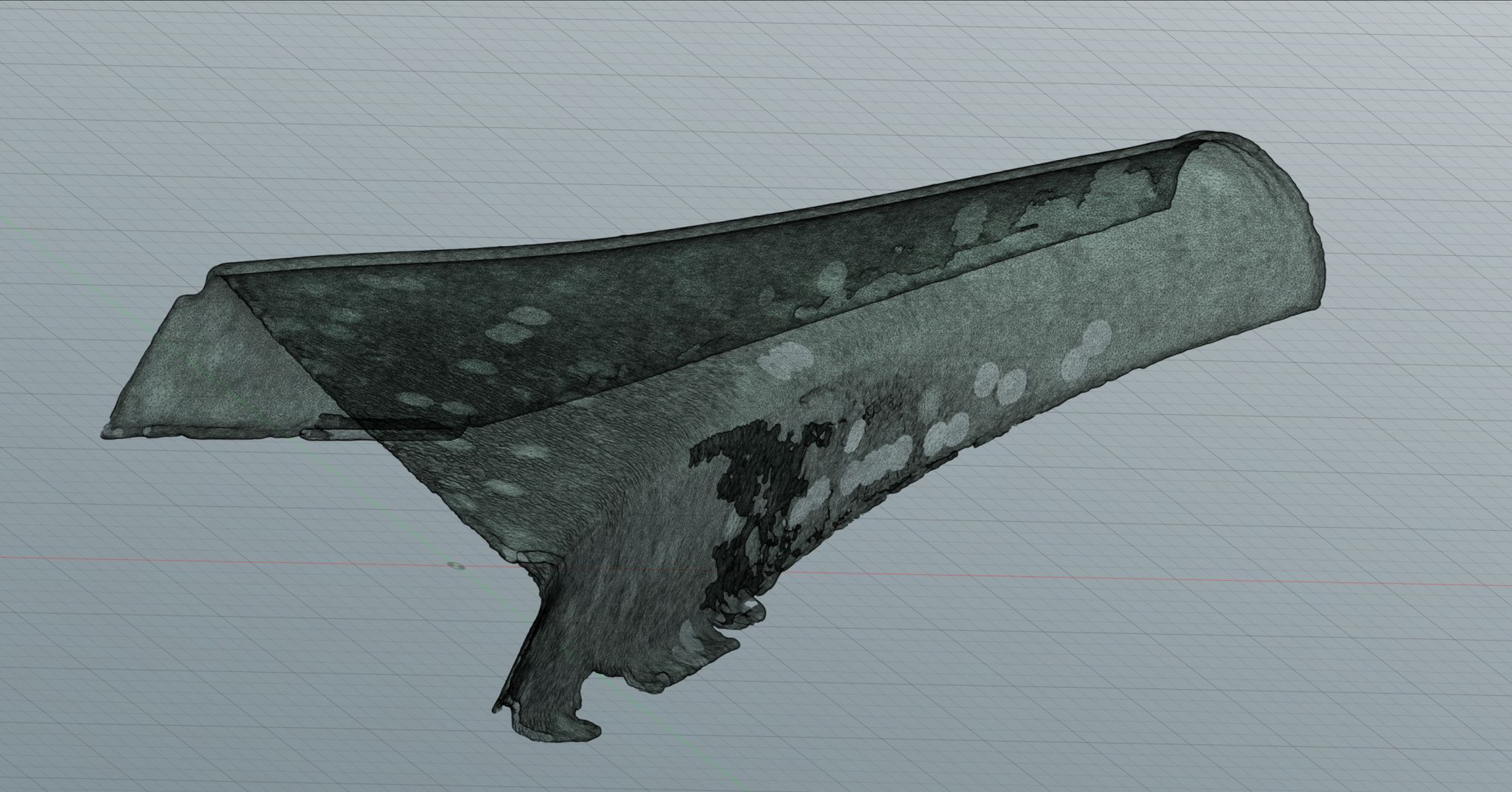  I had recently bought a 3D scanner and this seemed like a great opportunity to learn to use the 3D scanner and learn how to integrate the data into my workflow.  This is the scan of the larger brake duct half.   