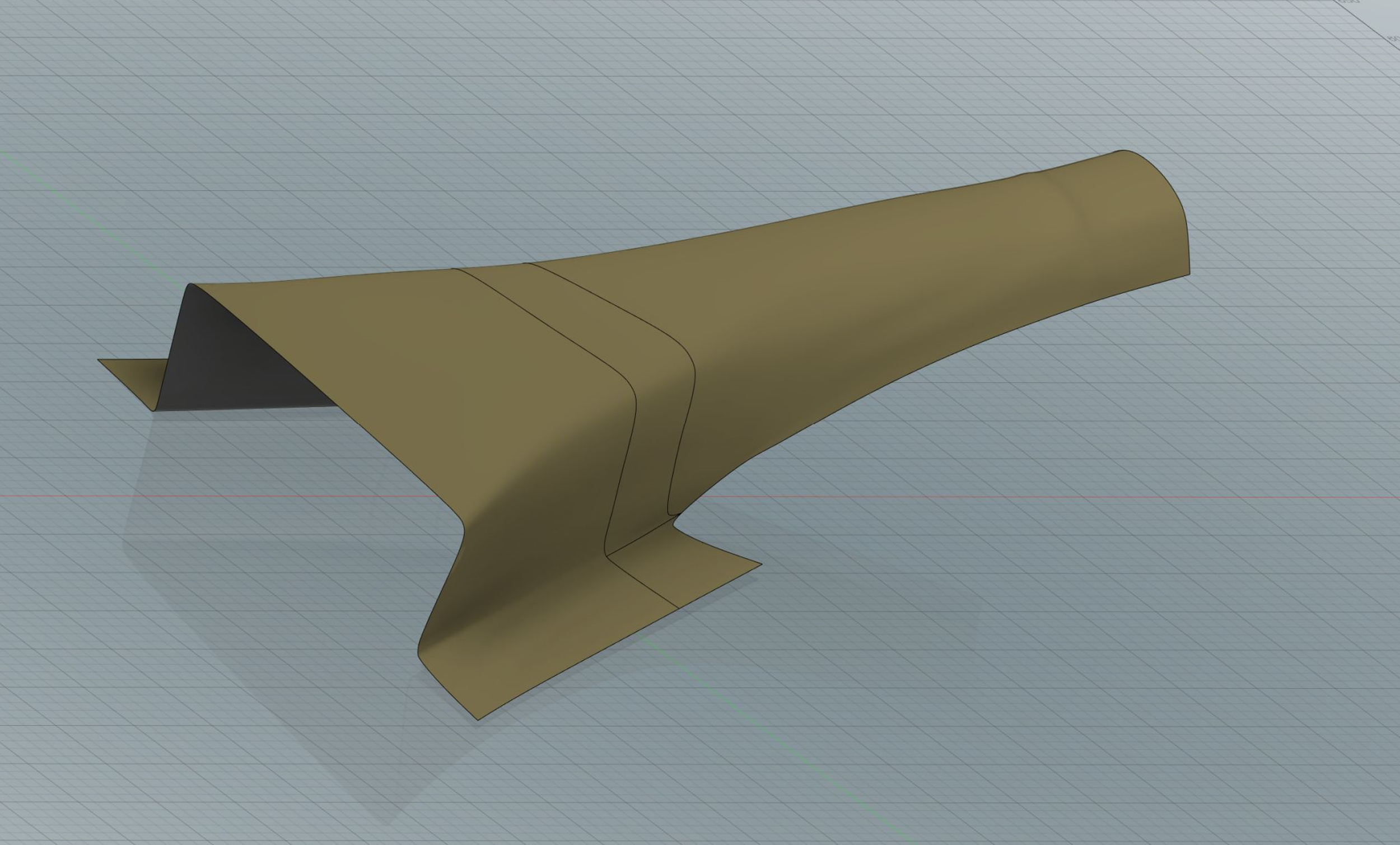  The large half of the brake duct was a lot more complicated.  Like with the small half I started by creating surfaces in Fusion 360 using the 3D scan data for reference. 