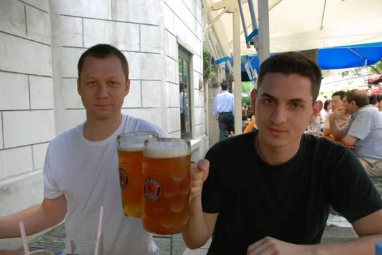 Guten Morgen from China. SN and I at a German restaurant in Shanghai. We could have maybe just had the smaller .5 liter Paulaners for breakfast, but when in Rome, Germany, China.