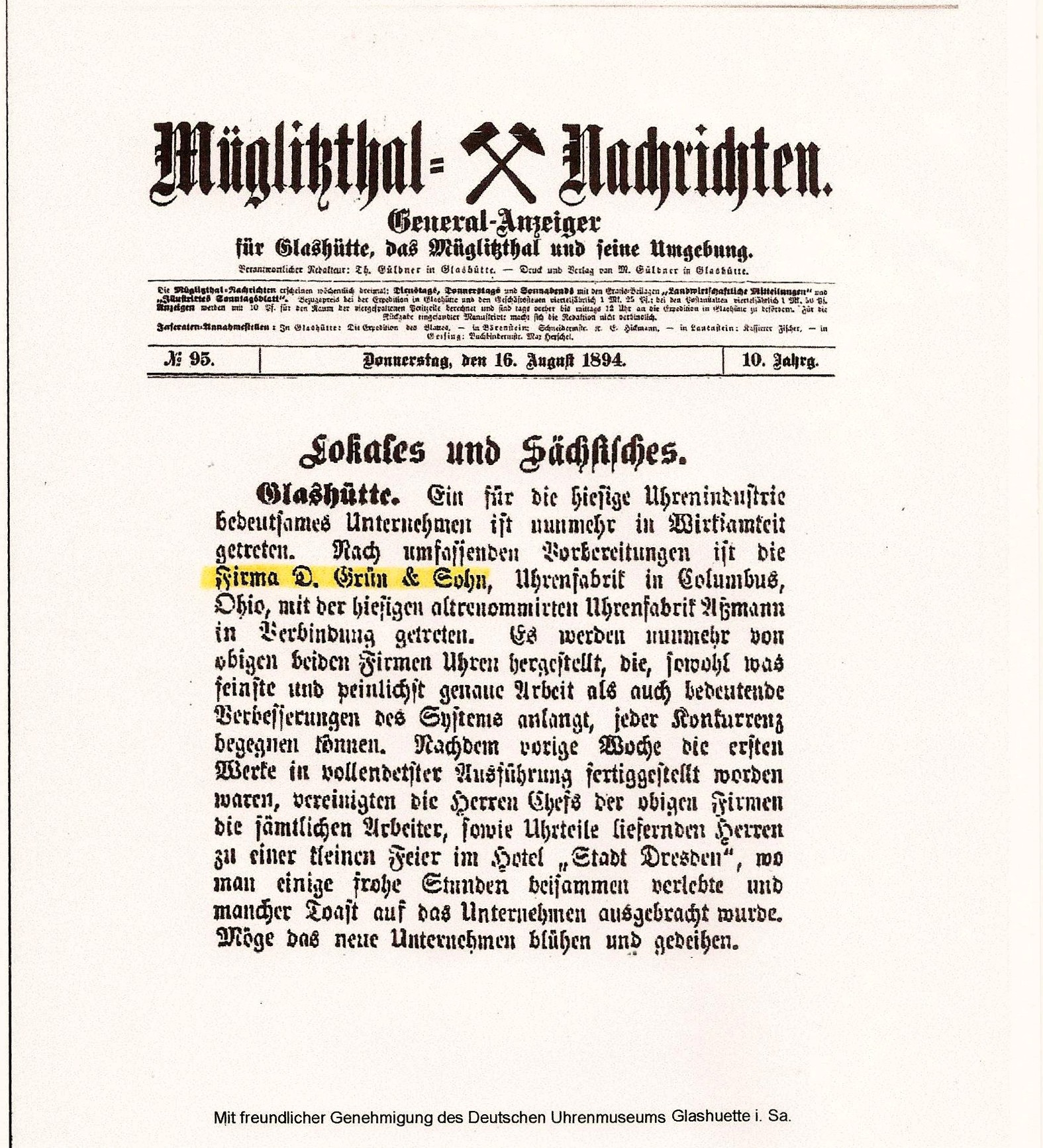 OBEN: Kopie Zeitungsbericht vom 16. August 1894, zur Gründungsfeier der GRUEN-UHREN - Firmengeschichte , im Hotel STADT DRESDEN, in Glashütte i. Sa.